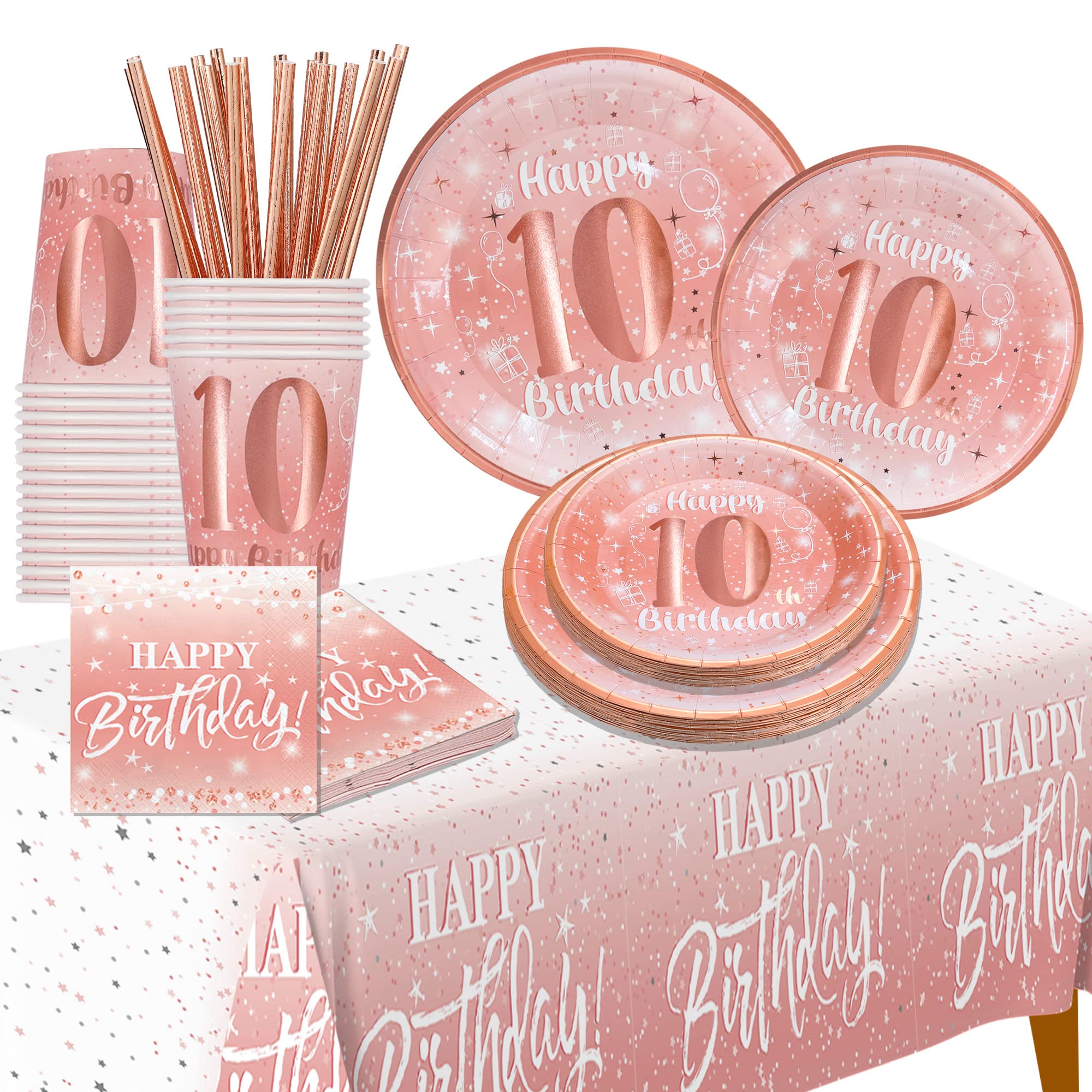 10Th Birthday Decorations For Girl - (Total 121Pcs) Rose Gold Birthday Supplies Plates And Napkins, Cups, Straws, Tablecloth, Di