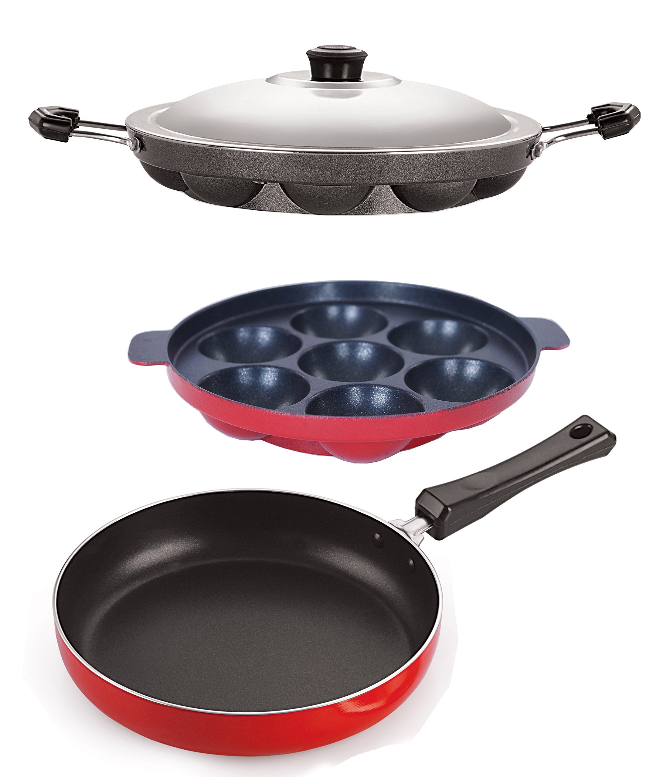 Nirlon NonStick Aluminium Fry Pan Appampatram Combo Essential With Stainless Steel Lid, 2.6Mm_Fp10_Ap(7)_Ap(12)
