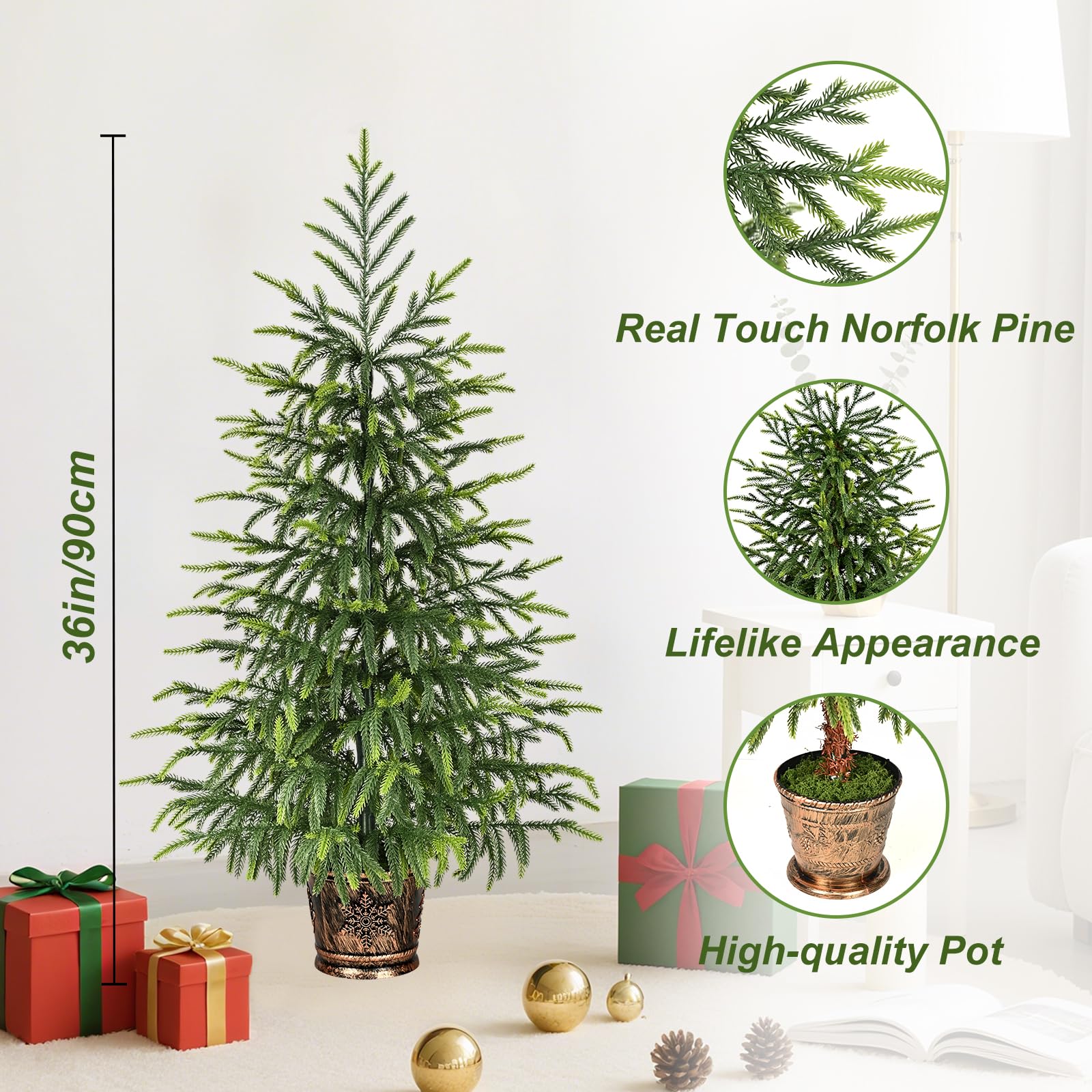 Siyaluens 2Pcs 3FT Norfolk Pine Tree with Pot - Christmas Tree with Real Touch PE Branch Tips for Front Porch, Kitchens, Home In
