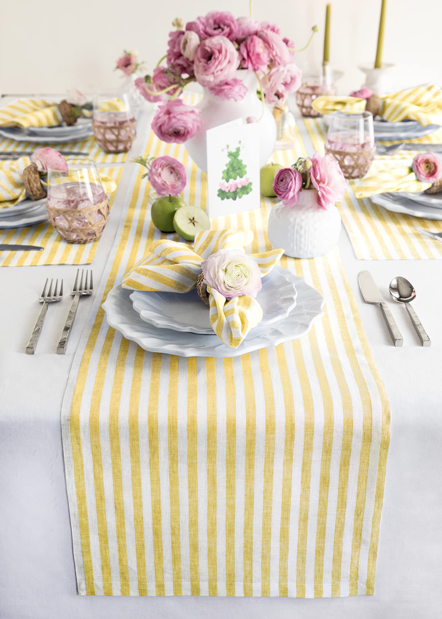 Solino Home Stripe Linen Table Runner 48 Inch - 100% Pure Linen Primrose Yellow And White Table Runner 14 X 48 Inch - Farmhouse