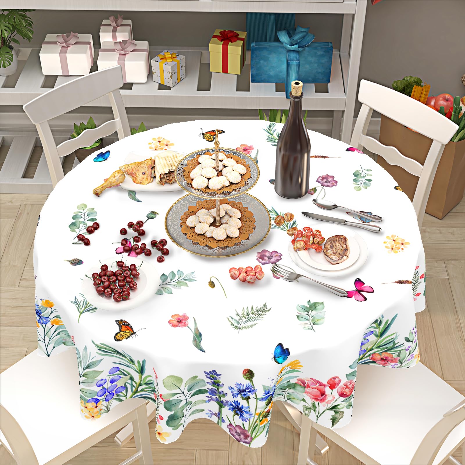 Absop Spring Summer Floral Tablecloth Round 60 Inch Watercolor Butterfly Flower Table Cloth Washable Farmhouse Table Covers For