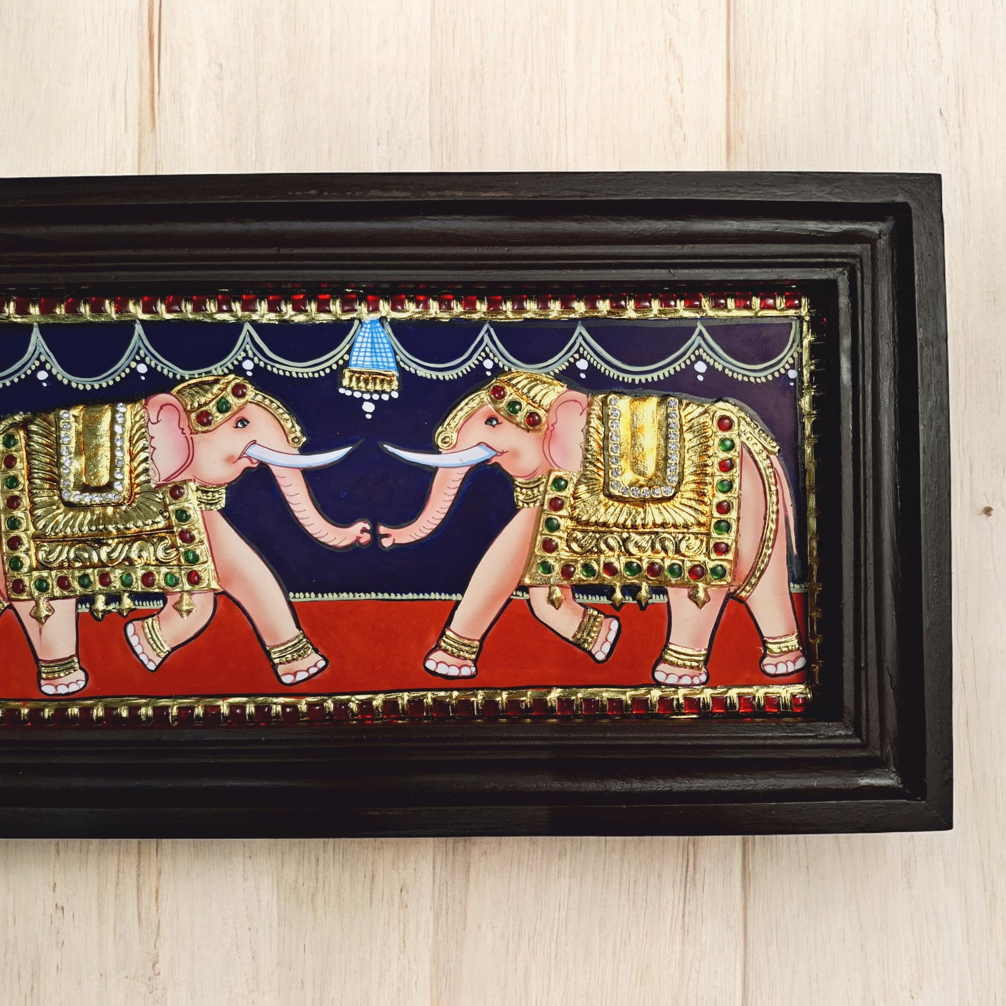 Jline Arts Elephant Tanjore Painting, 22 Carat Gold Foils With Wall Hanging (35 Cm X 19 Cm) With Teakwood Frame
