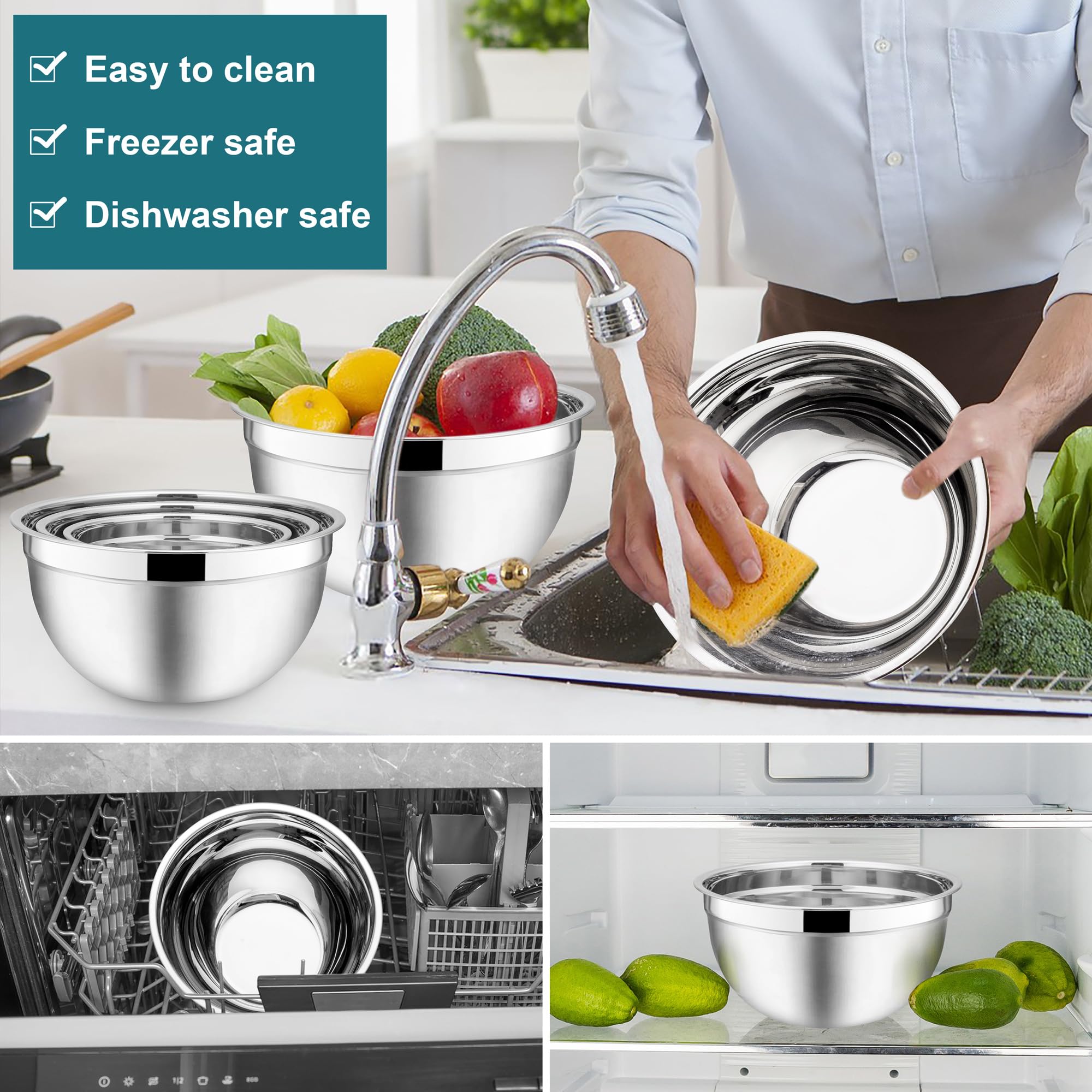E-Far Mixing Bowls With Lids, 12-Piece Stainless Steel Salad Bowls Metal Nesting Bowls For Baking Cooking And Prepping, Airtight