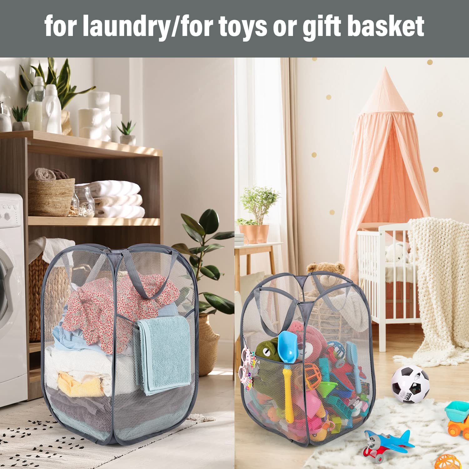 Battoo 3 Pack Collapsible Laundry Basket Strong Mesh Pop Up Laundry Hamper For Laundry Foldable Hampers With Side Pocket Reinfor