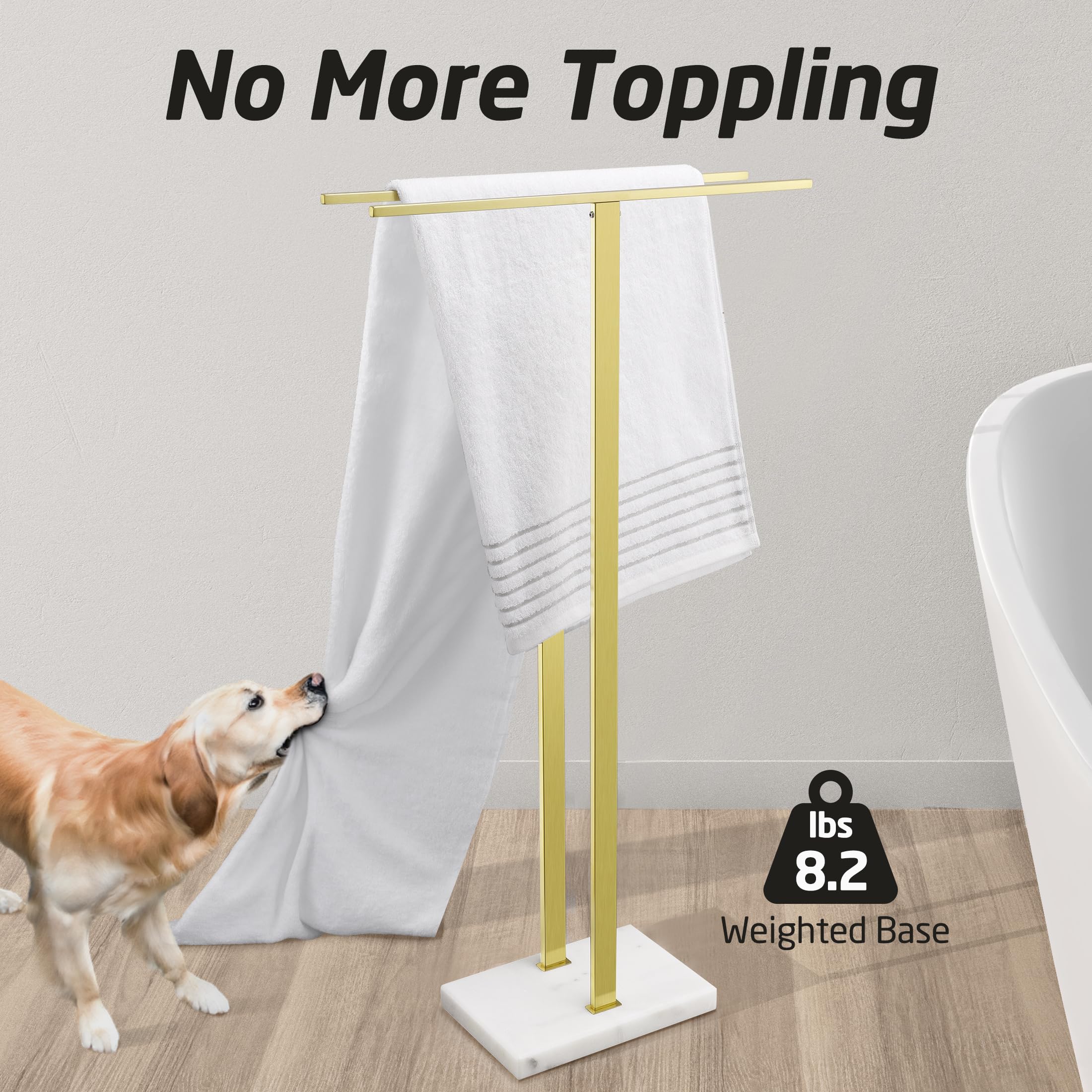 Kes Standing Towel Rack With Marble Base, 37'' H (Equal Height) Gold Towel Rack For Bathroom Floor, Towel Rack Stand Fits Large