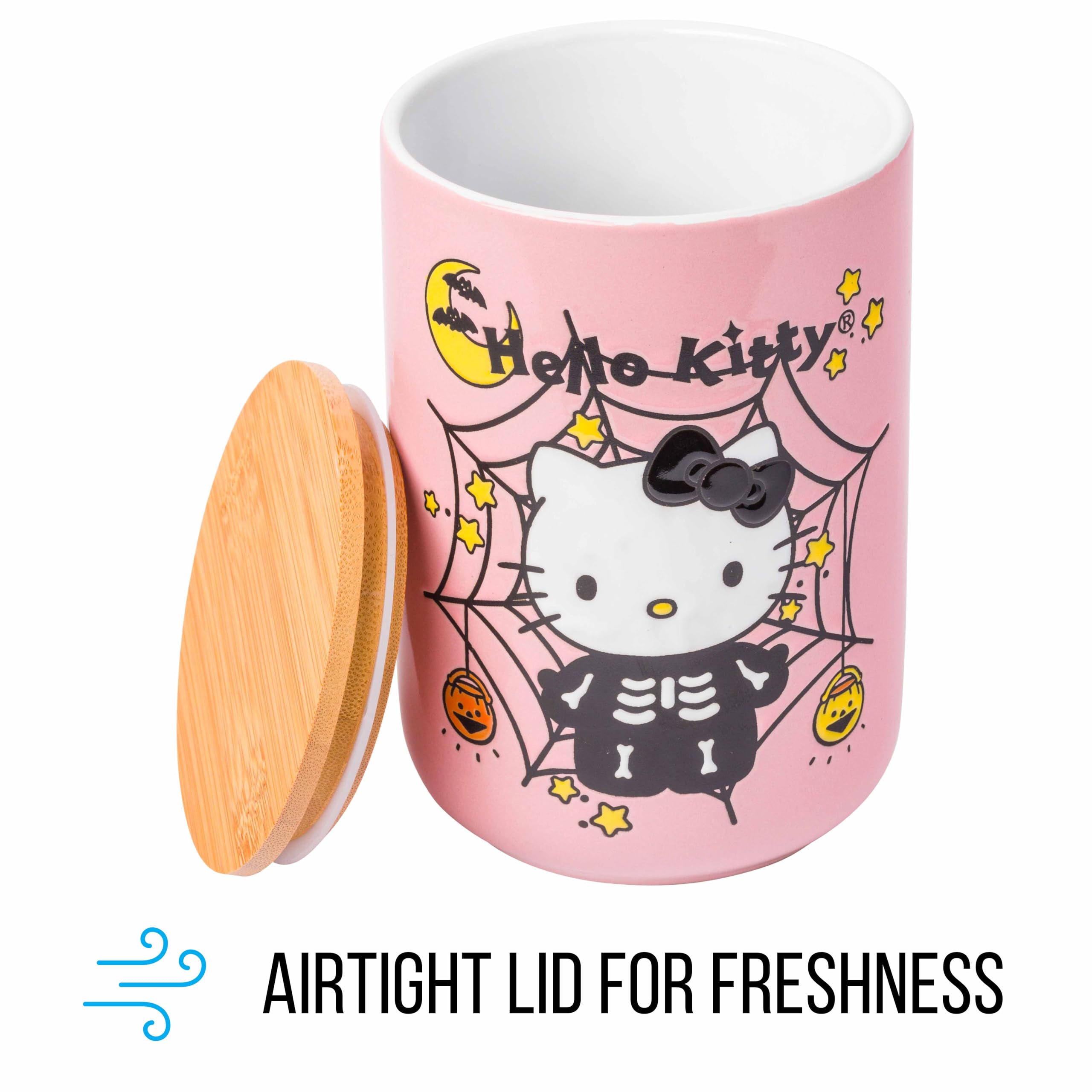 Silver Buffalo Sanrio Hello Kitty Halloween Spooky Skeleton Web Ceramic Cookie Snack Candy Jar With Airtight Bamboo Lid, Lavende