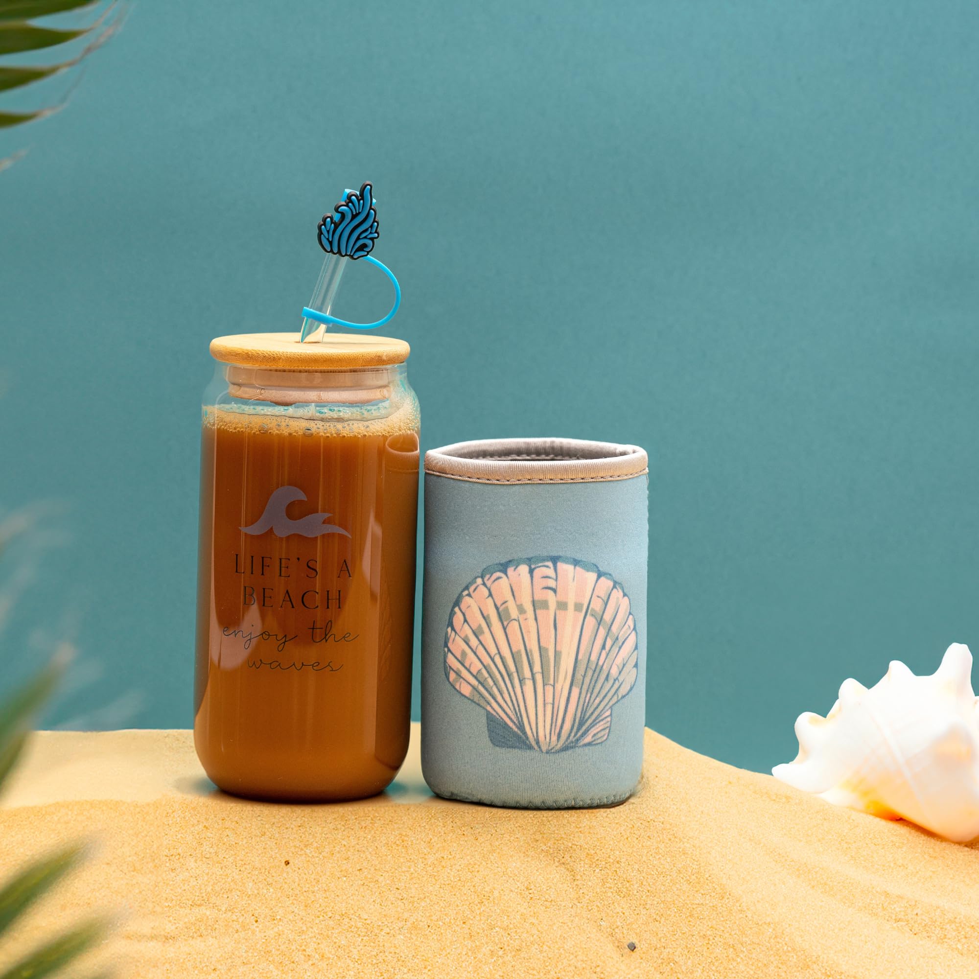 The Love Crate Co. Ocean Gifts for Women - Glass Tumbler with Lid and Straw, Customized Straw Stopper and Cup Sleeve, Aesthetic