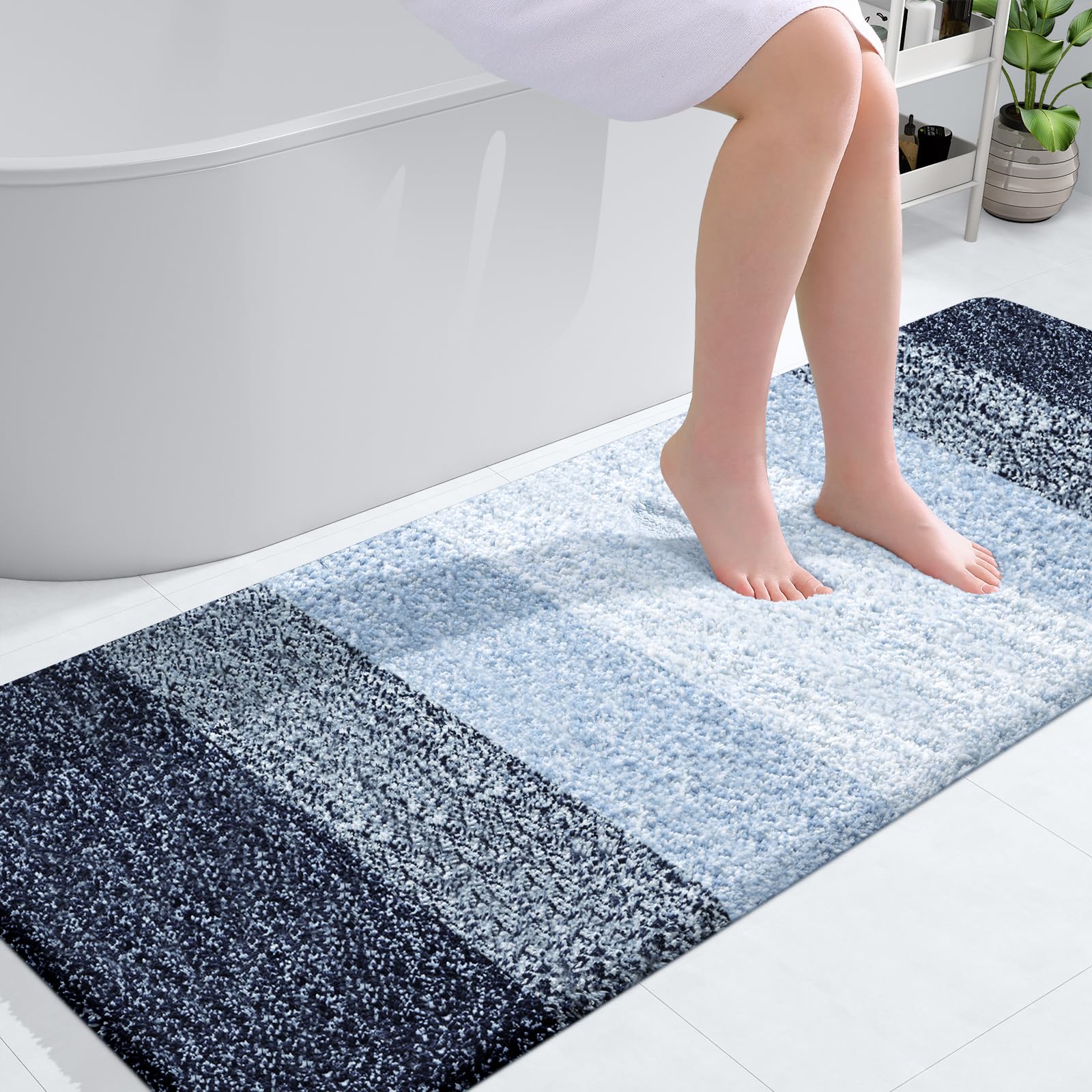 OLANLY Luxury Bathroom Rug Mat 59x24  Extra Soft and Absorbent Microfiber Bath Rug  Non-Slip Plush Shaggy Bath Carpet Runner  Machine Wash Dry  Bath Mats for Bathroom Floor  Tub and Shower  Navy Blue
