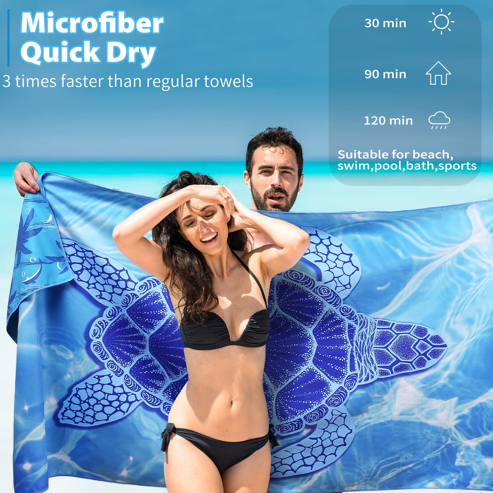 Microfiber Thin Beach Towel Lightweight Oversized 71x32 Extra Large Sand Free Towels Quick Dry for Travel Pool Camping Sports Beach Accessories Vacation Essential Gift Turtle