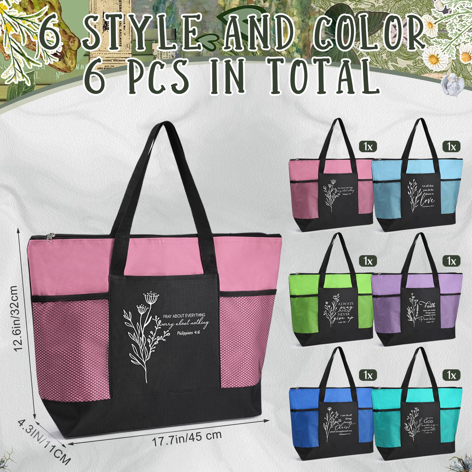 Aliceset 6 Pcs Bible Tote Bags for Women Bulk Christian Gift Bag with Zipper Mesh Pocket Religious Tote for Thanksgiving Christm