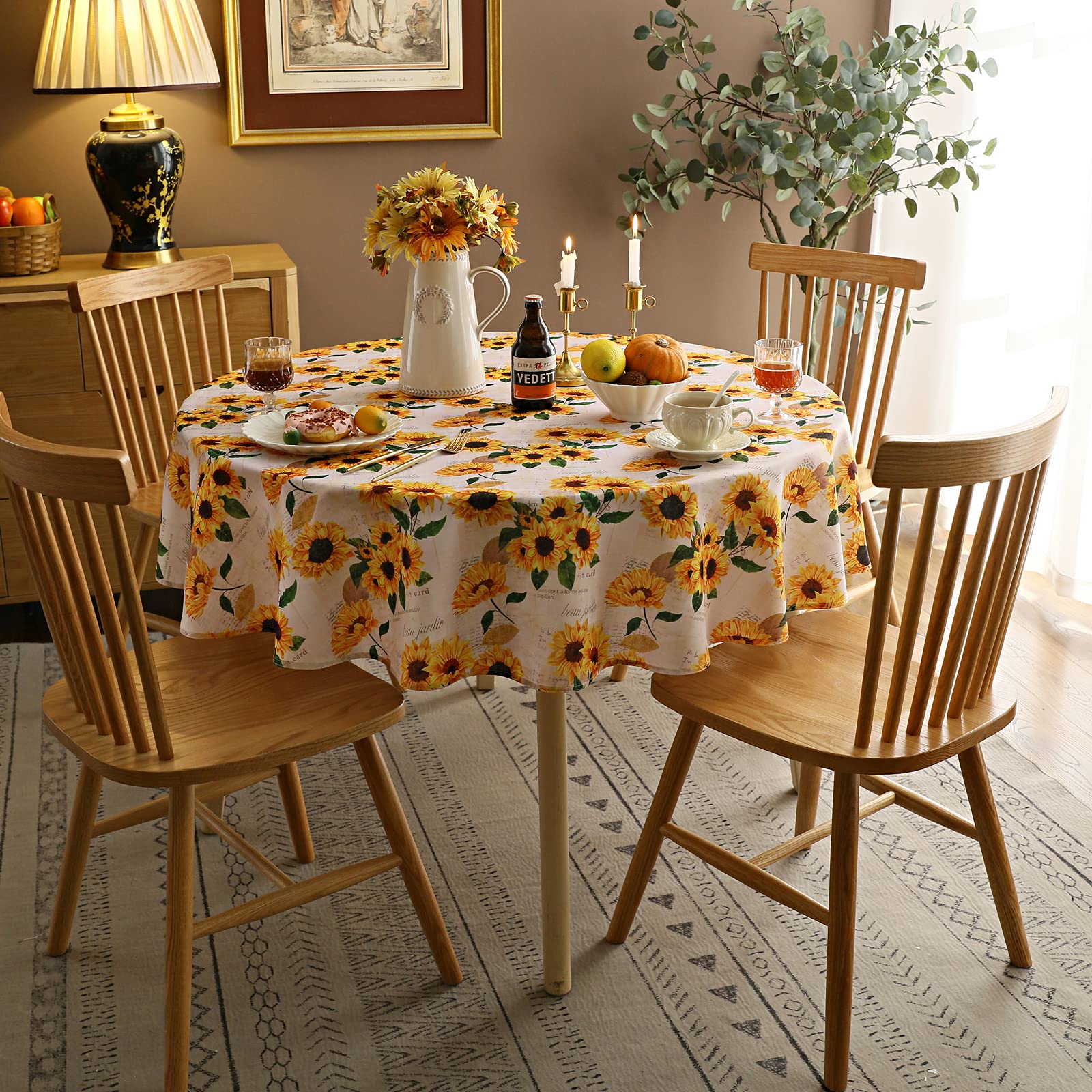 Joyfol Day Sunflower Tablecloth,Orange Floral Table Cloth For Round Tables,Waterproof Resistant Flower Table Cover For Kitchen D