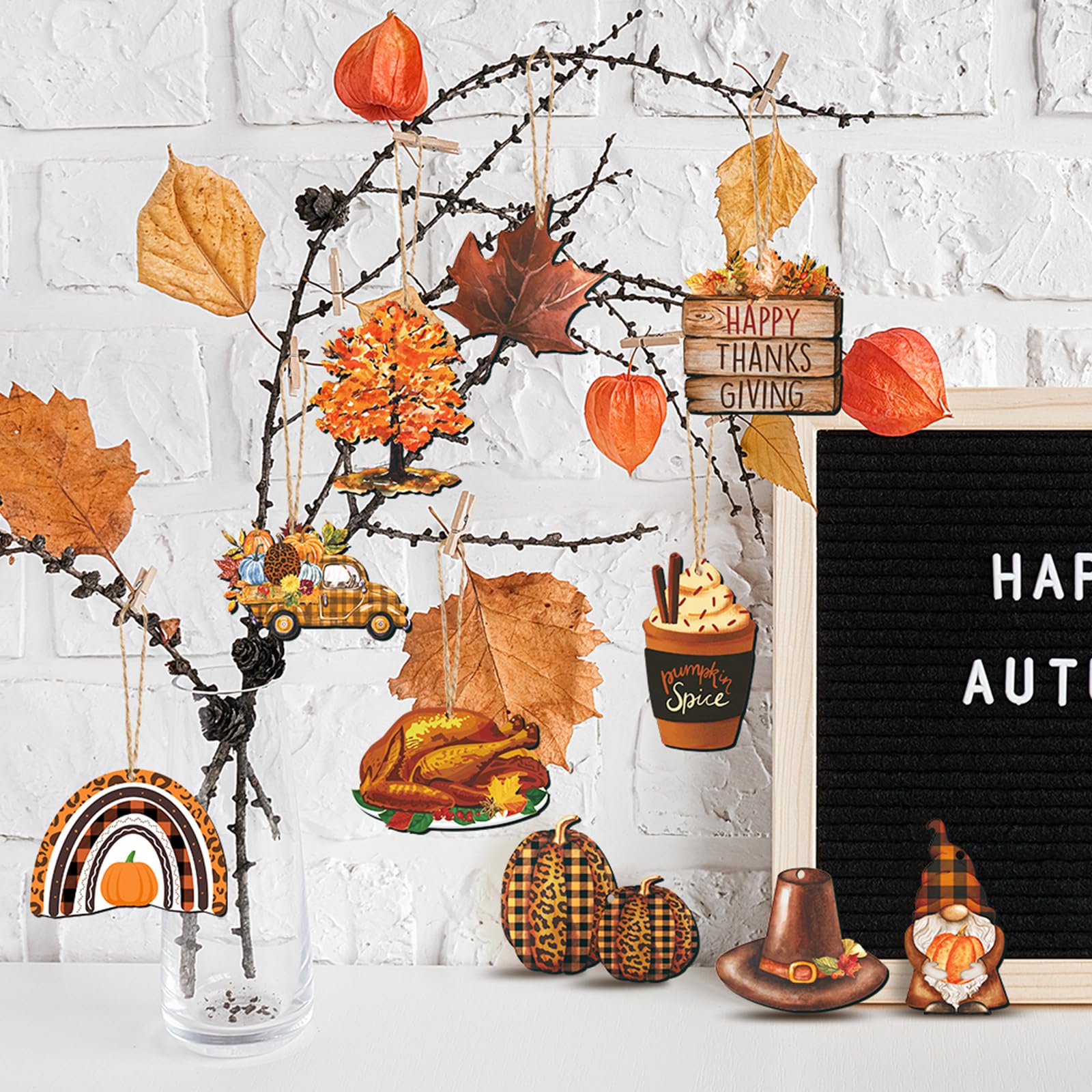 Soaoo 36 Pcs Thanksgiving Ornaments for Small Tree Thanksgiving Tree Decorations Turkey Pumpkin Fall Maple Leaves Truck Cutouts