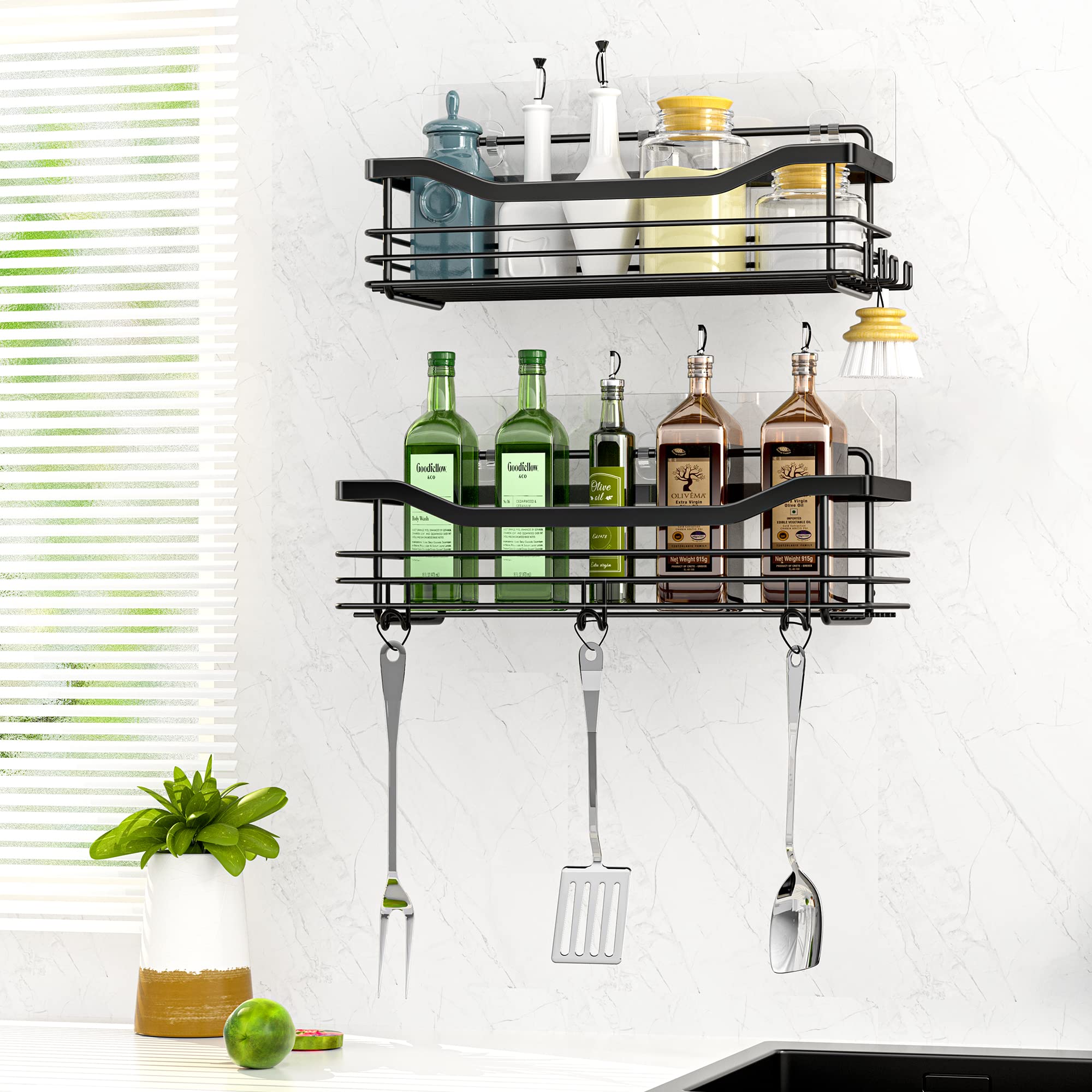 Orimade Adhesive Shower Caddy Shelf With 5 Hooks Organizer Storage Rack Rustproof Wall Mounted Stainless Steel No Drilling For B