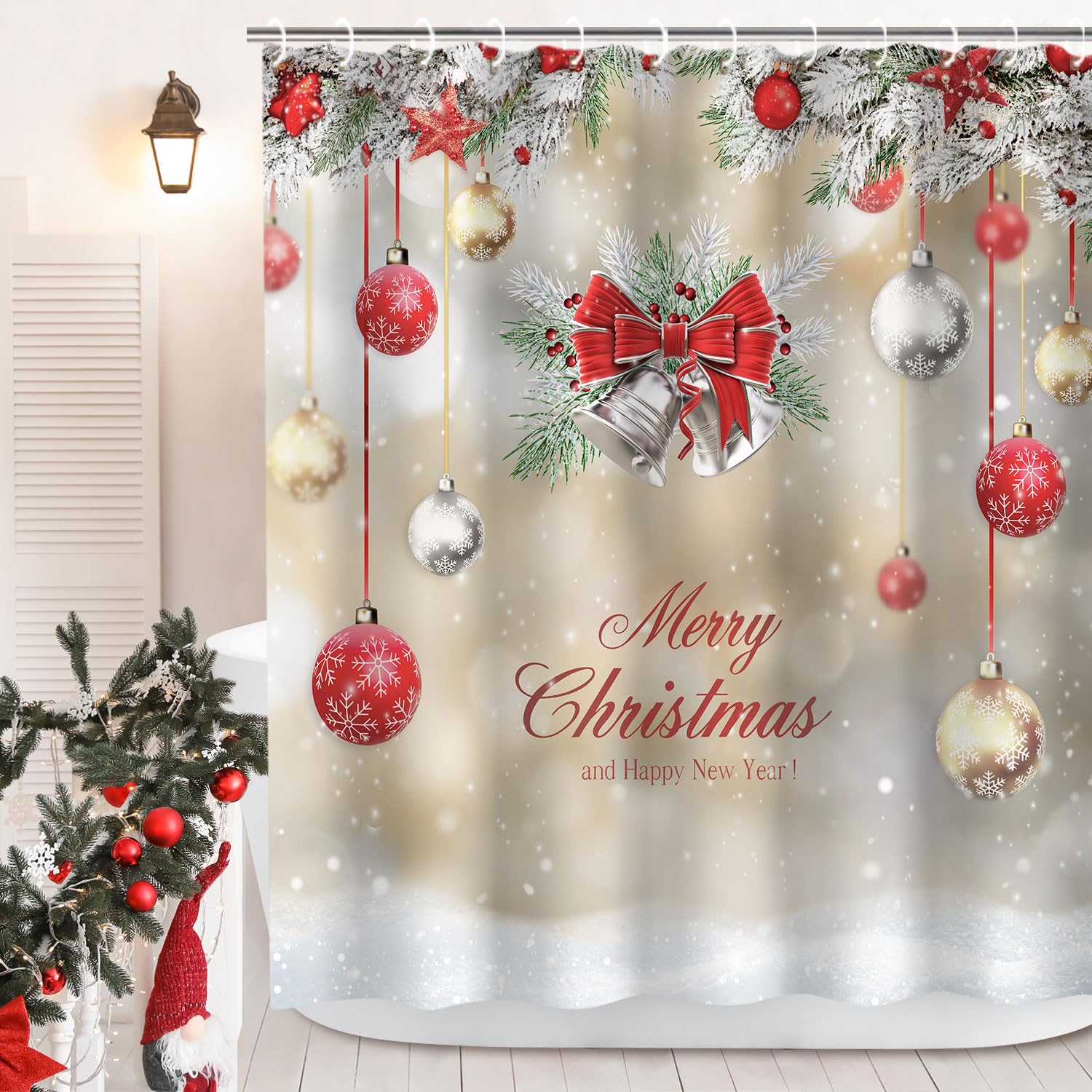 Rosielily Christmas Shower Curtains For Bathroom Xmas Shower Curtains Red Christmas Fabric Xmas Bathroom Set With Hooks Red Silv