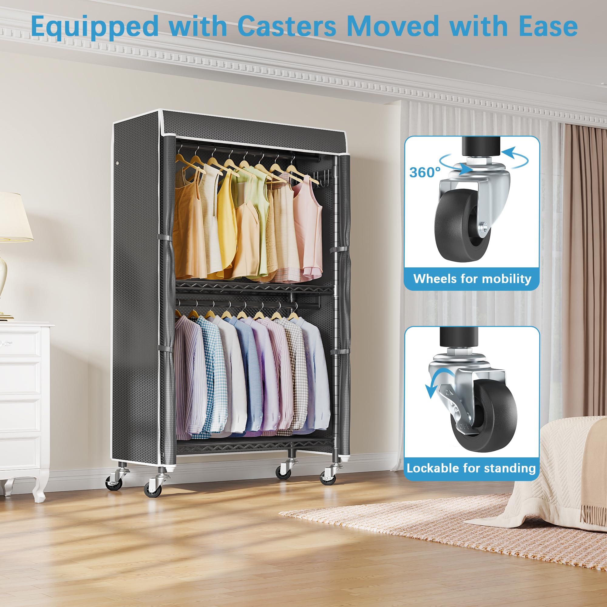 Vipek V12C Mini Heavy Duty Clothes Rack Rolling Garment Rack With Cover Adjustable Clothing Rack For Hanging Clothes Portable Cl