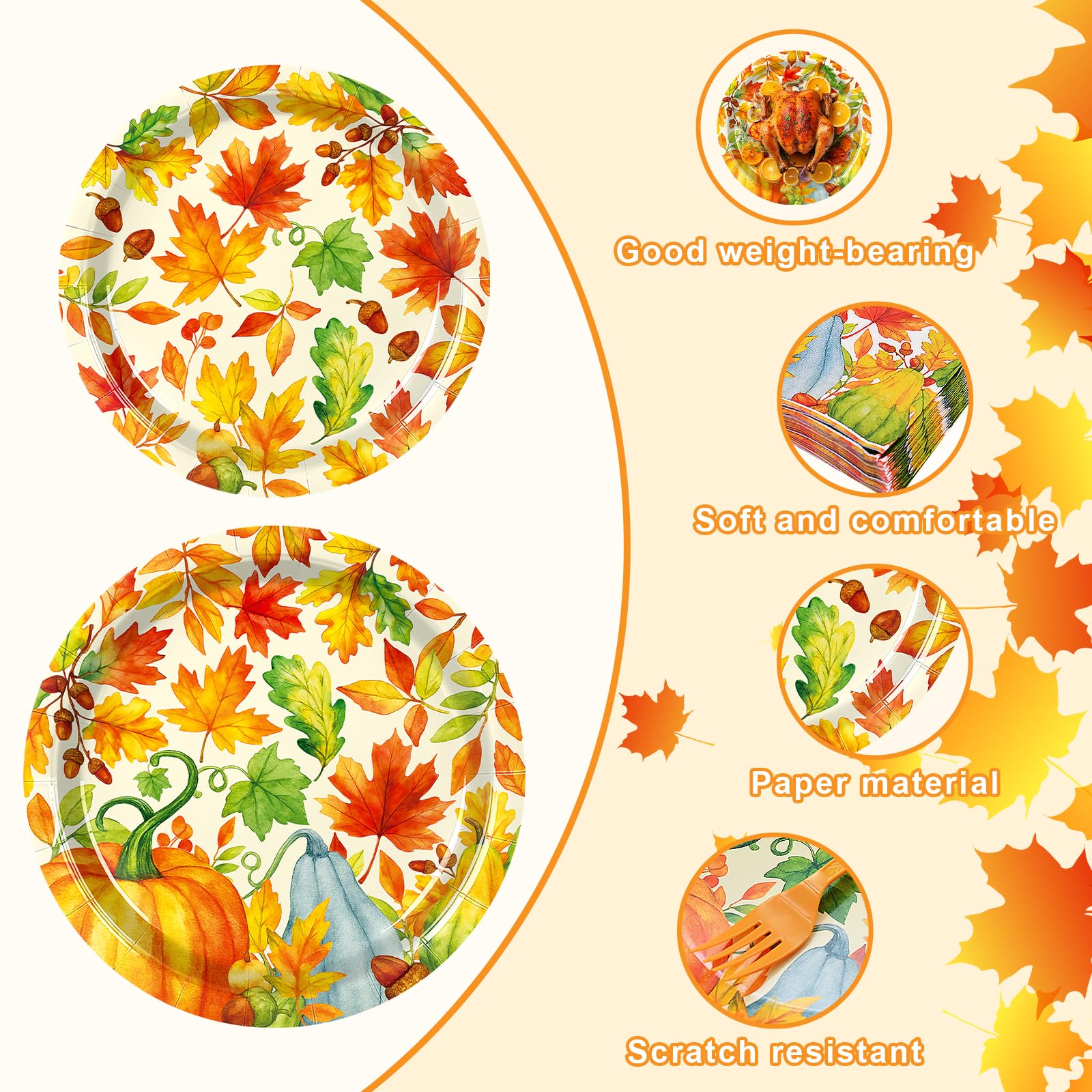 Temicle 96 Pieces Fall Thanksgiving Tableware Set - Pumpkin and Autumn Leaves Disposable Plates, Napkins, and Forks Party Suppli