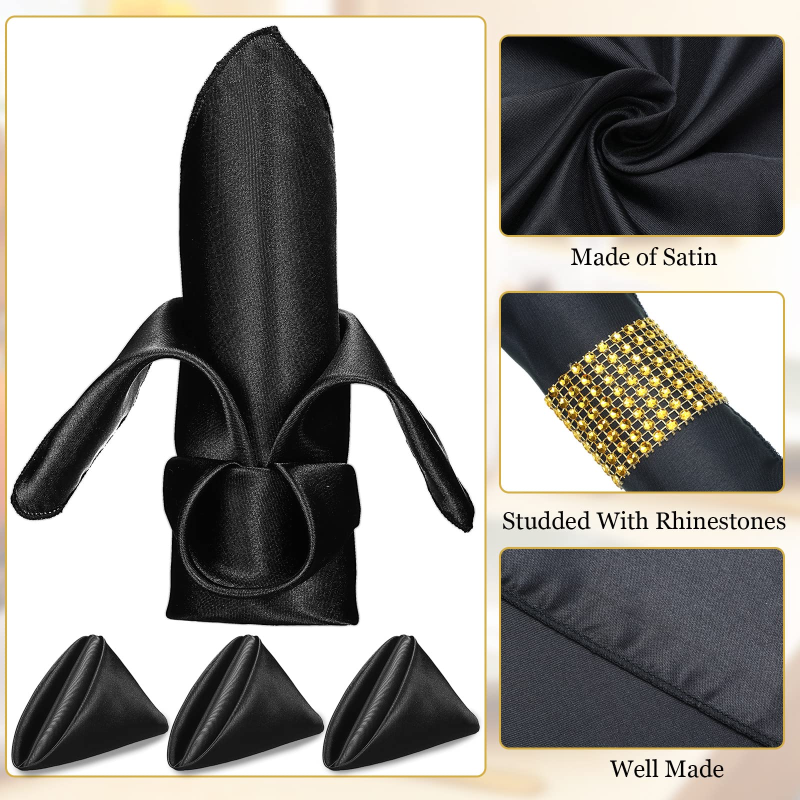 100 Pack Satin Black Napkins With Gold Rings 17 X 17 Inch Black Cloth Napkins Bulk Washable Soft Reusable Dinner Supplies For Va