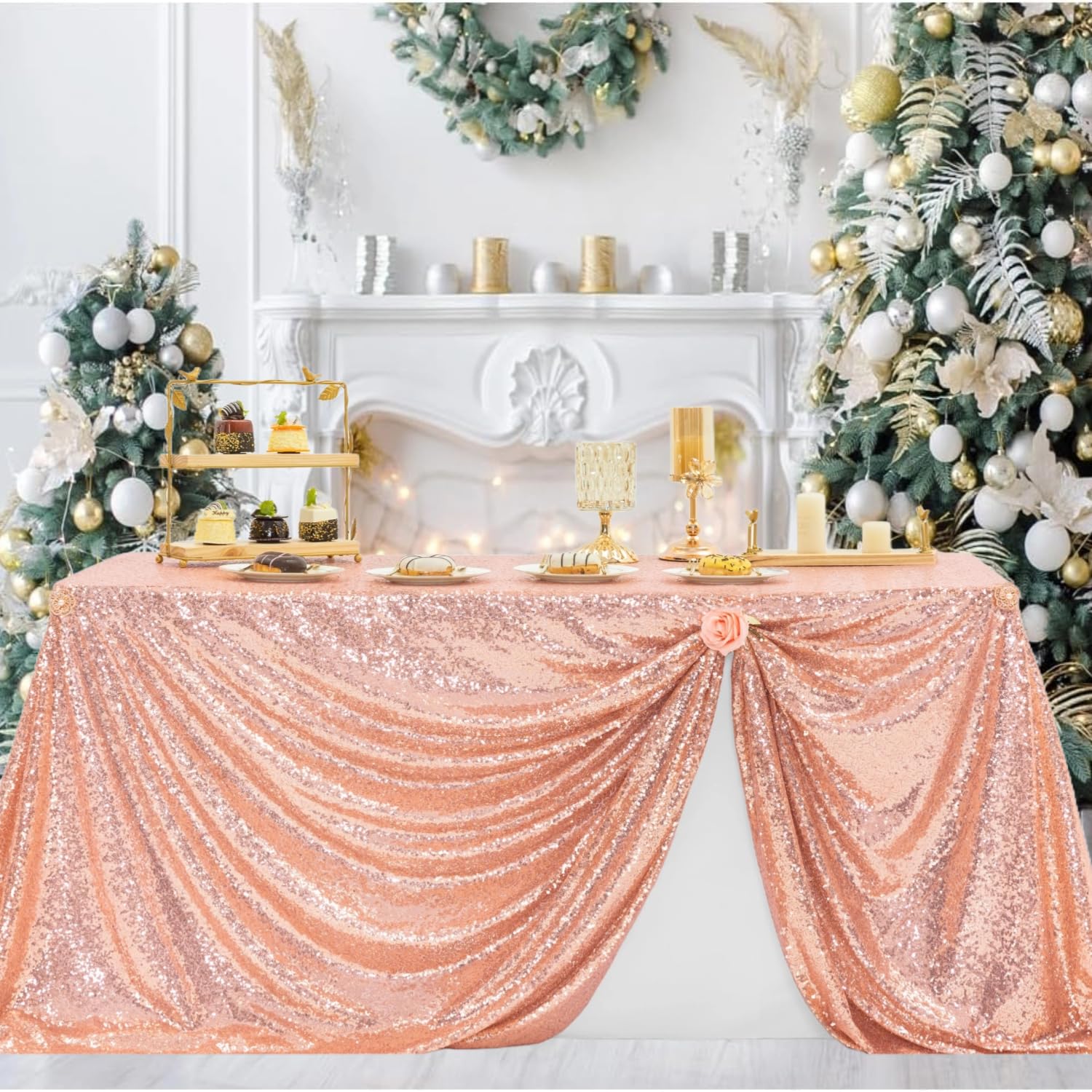Rose Gold Rectangle Sequin Table Cloths 50X80 Inch For Parties, Glitter Shiny Overlay Cover Fitted 4 Ft Food Dessert Cake Tables