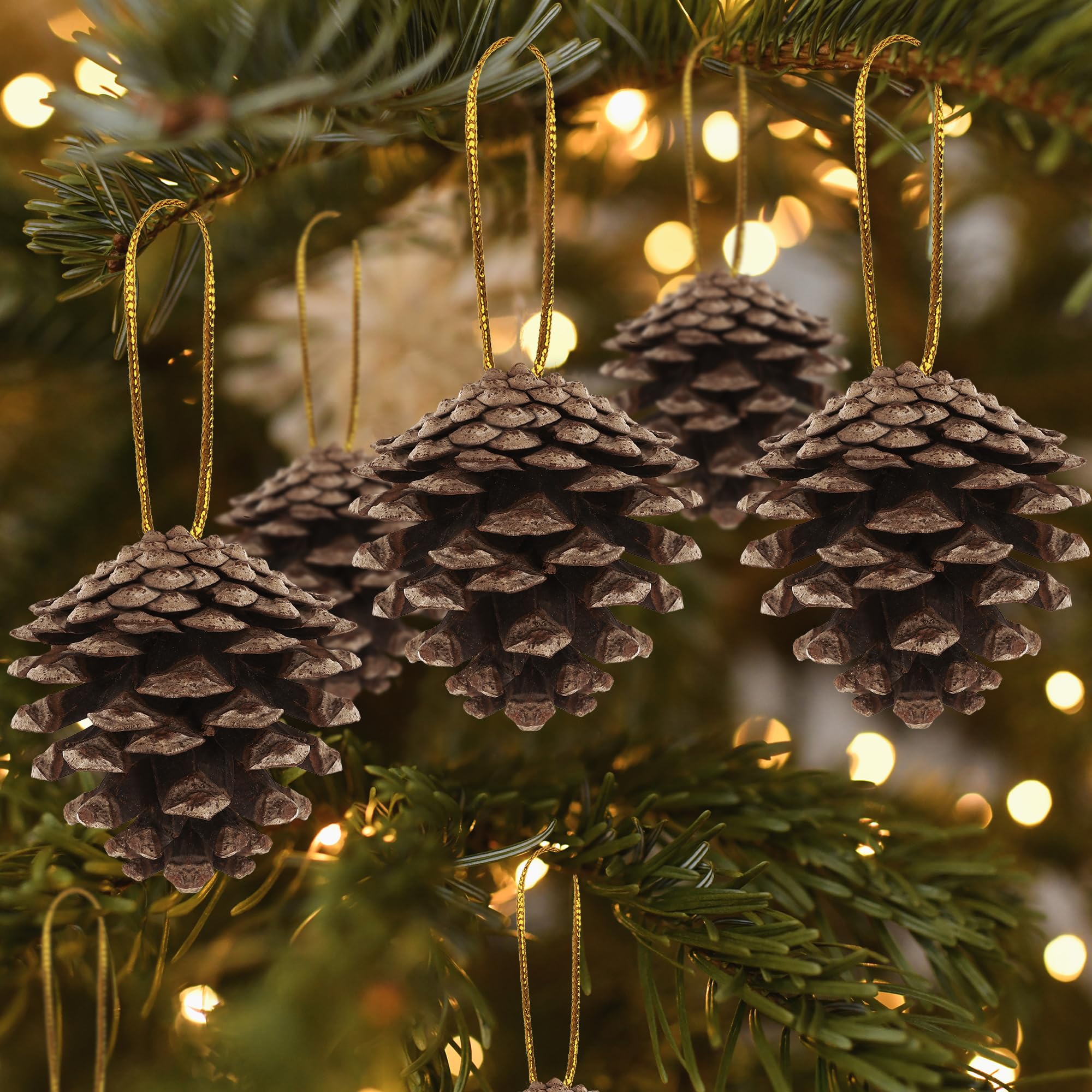 50 Pack Pine Cones, 1.96 Inches Natural Pinecone Ornaments, Pine Cones for Crafts, Rustic Pinecones with Gold String for DIY Win