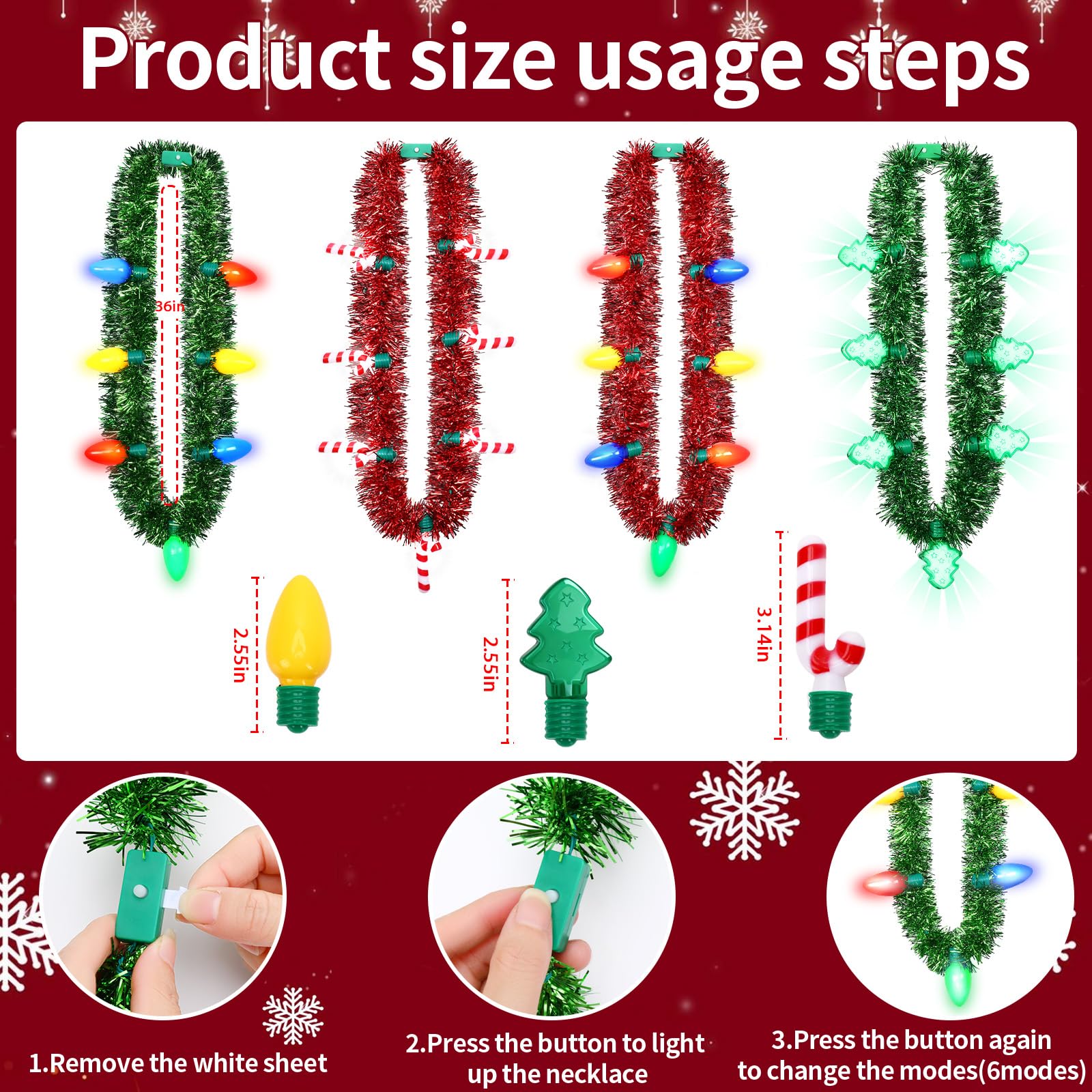 NOVWANG 4PCS Light up Tinsel Garland Necklace, 3D Light Xmas Necklace 6 Dynamic Light Modes Colorful Bulbs Glow Candy Cane Chris