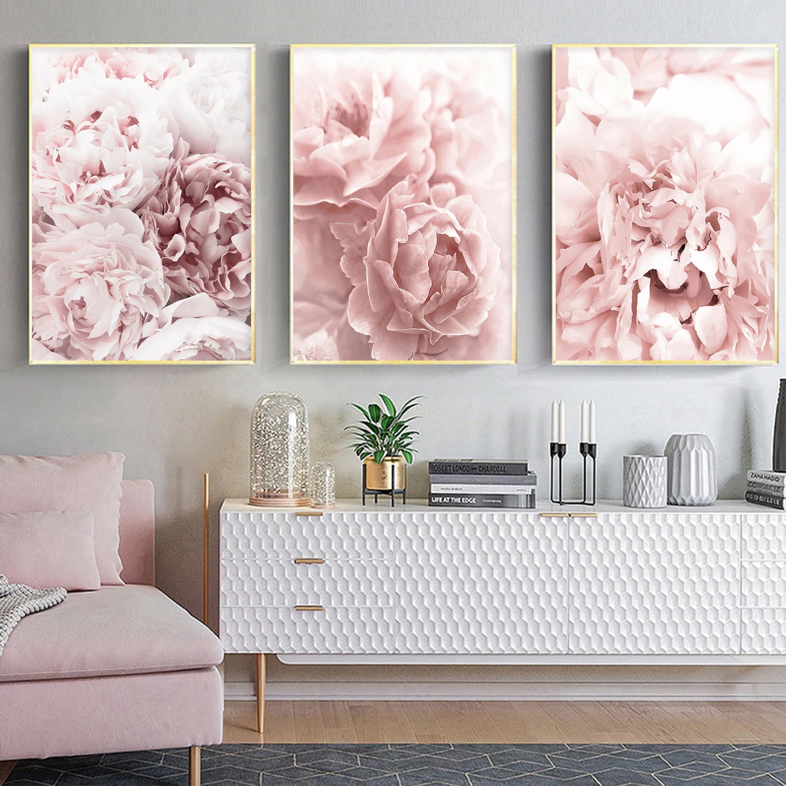 Backymrjcart Modern Flower Art Prints Pink Peony Poster Light Pink Rose Wall Art Peony Roses Art Canvas Painting Girls Bedroom D