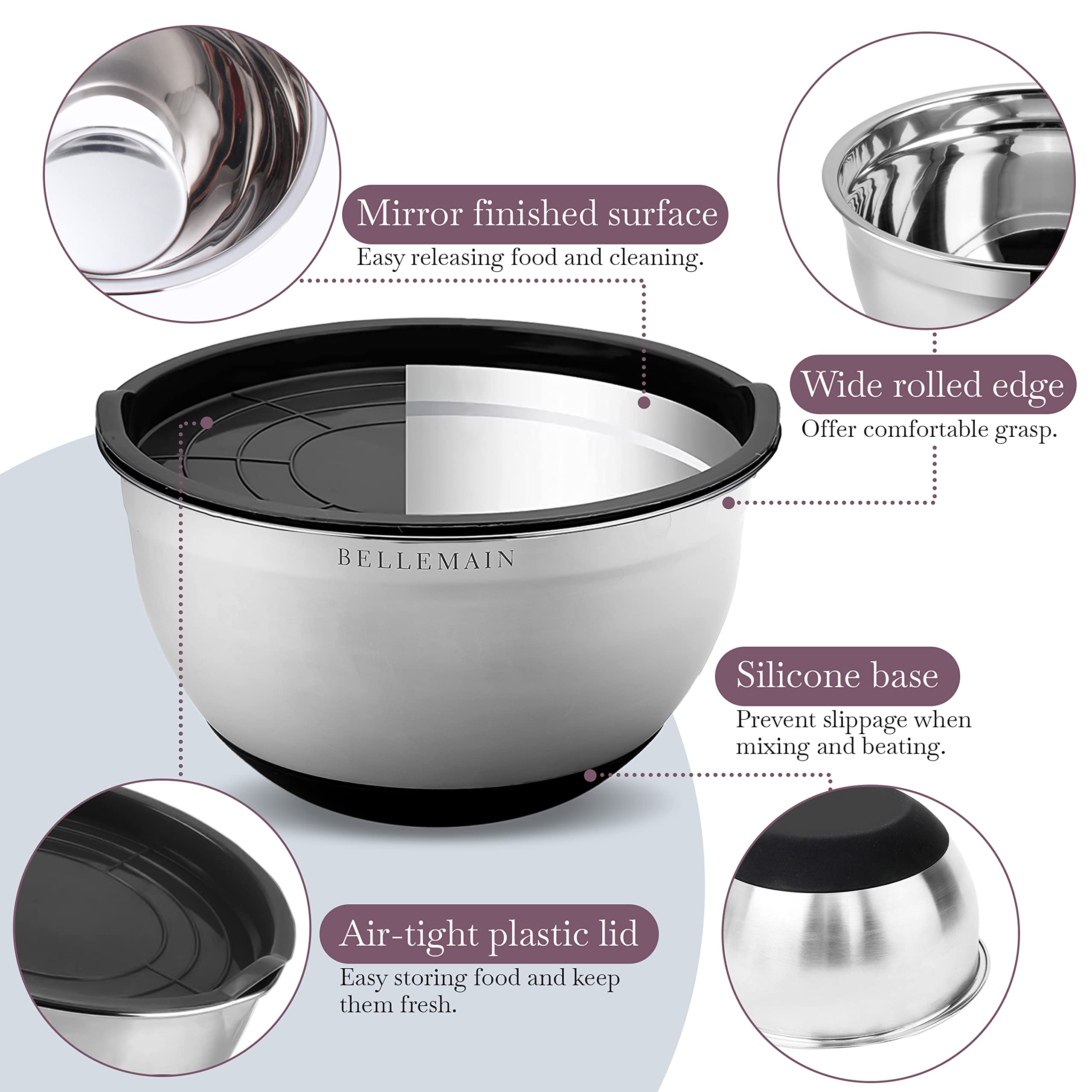 Bellemain Stainless Steel Non-Slip Mixing Bowls With Lids (3 Piece, Silver/Black)