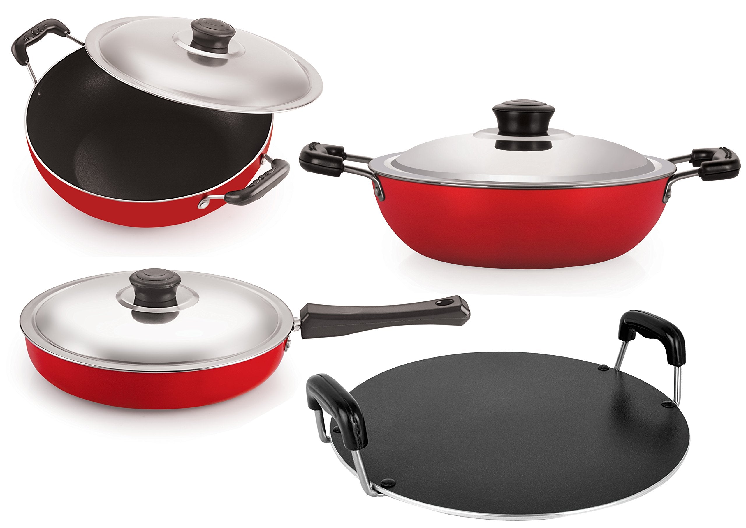 Nirlon NonStick Aluminium Cookware Set, 4Pieces, Red (26_Fp12_Dkdm_Dkdb_Rt)