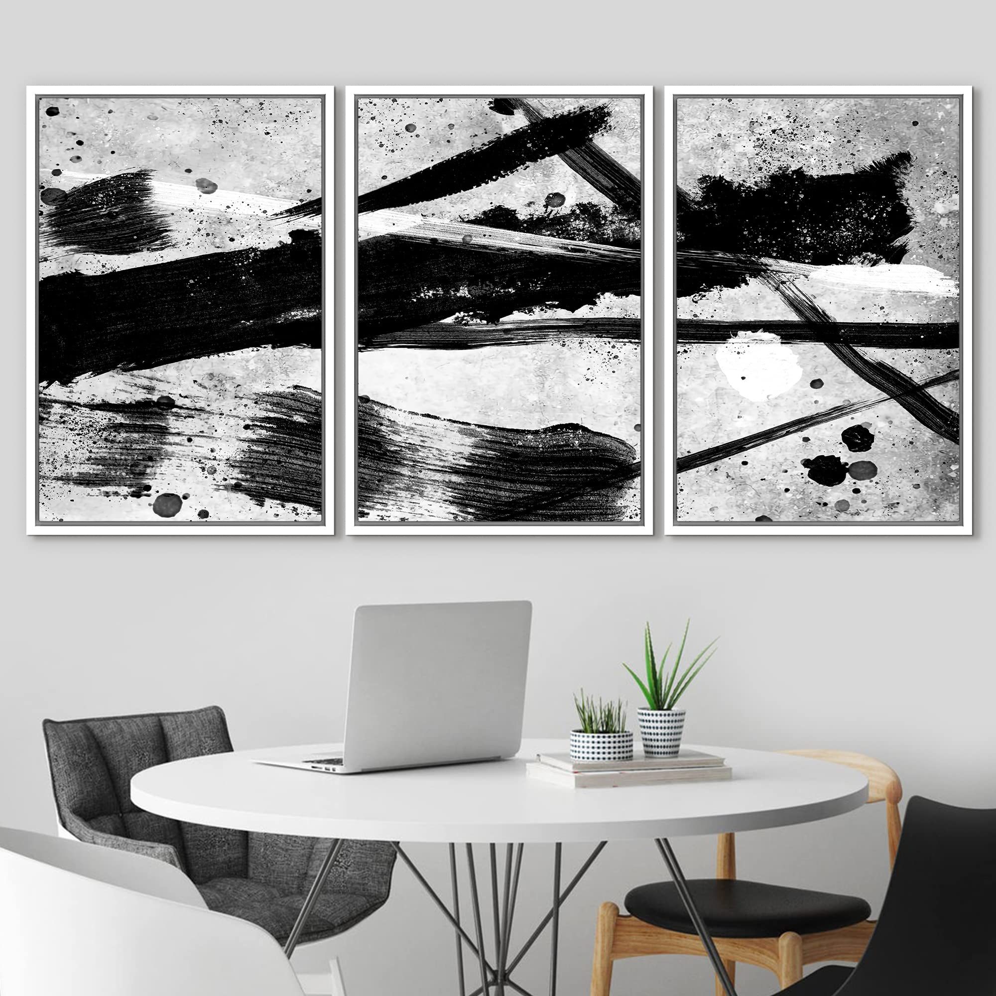 Idea4Wall Framed Wall Art Print Set Industrial Black & White Paint Strokes Abstract Shapes Illustrations Modern Art Alternative