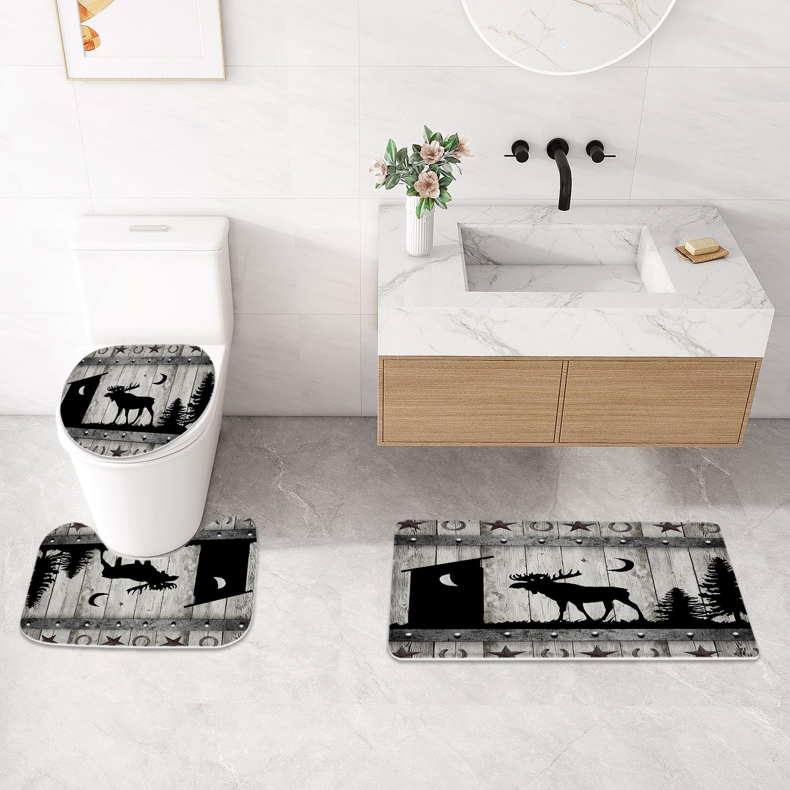 Litabel 4 Pcs Forest Deer Shower Curtain Set With Non-Slip Rugs, Toilet Lid Cover And Bath Mat, Wooden Bathroom Decor Set With S