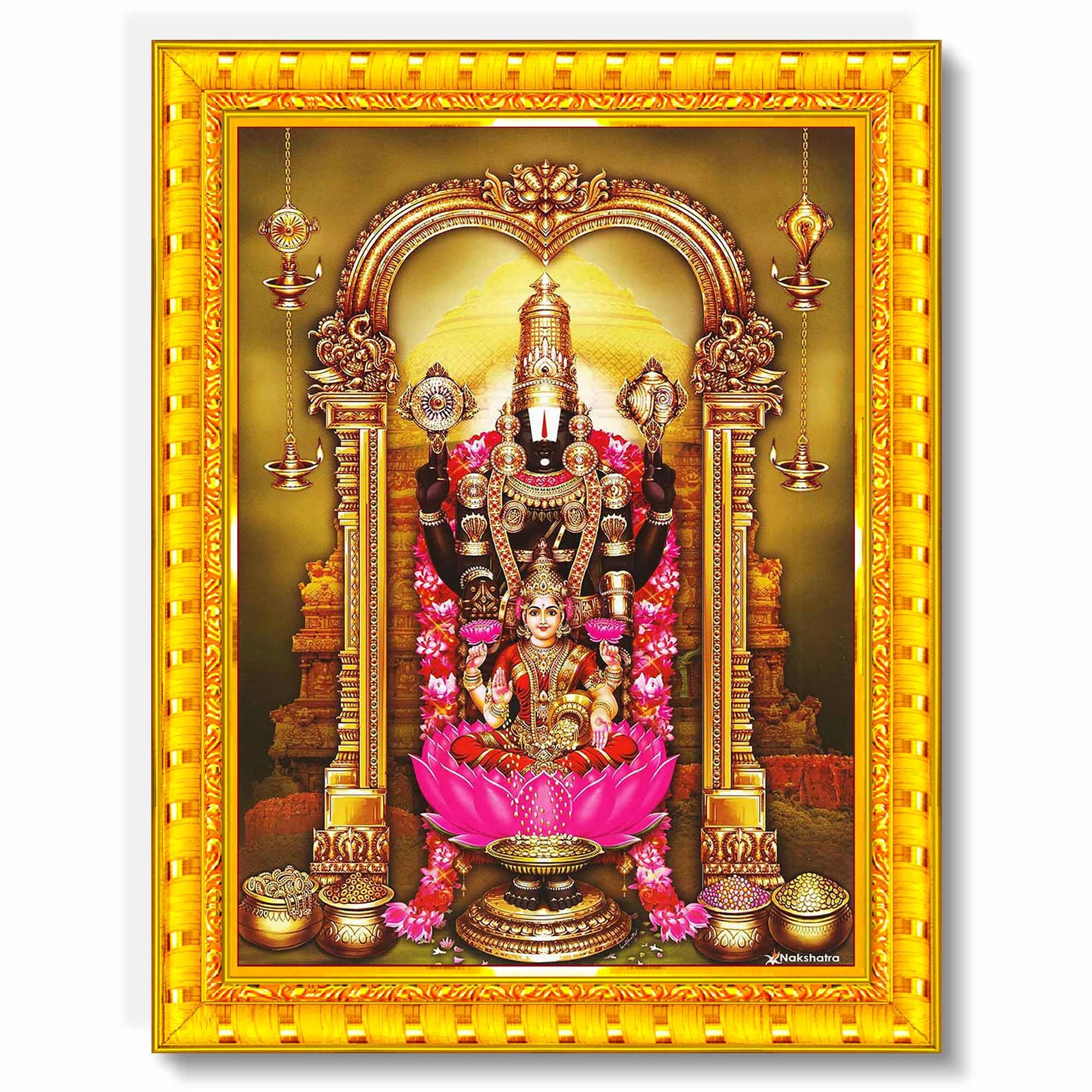 Pavan Photo Laminations Tirupati Balaji Lakshmi Venkateshwara Swamy Wall Painting Framed Home Decor (Wood,Matte,Gold,Small Size,