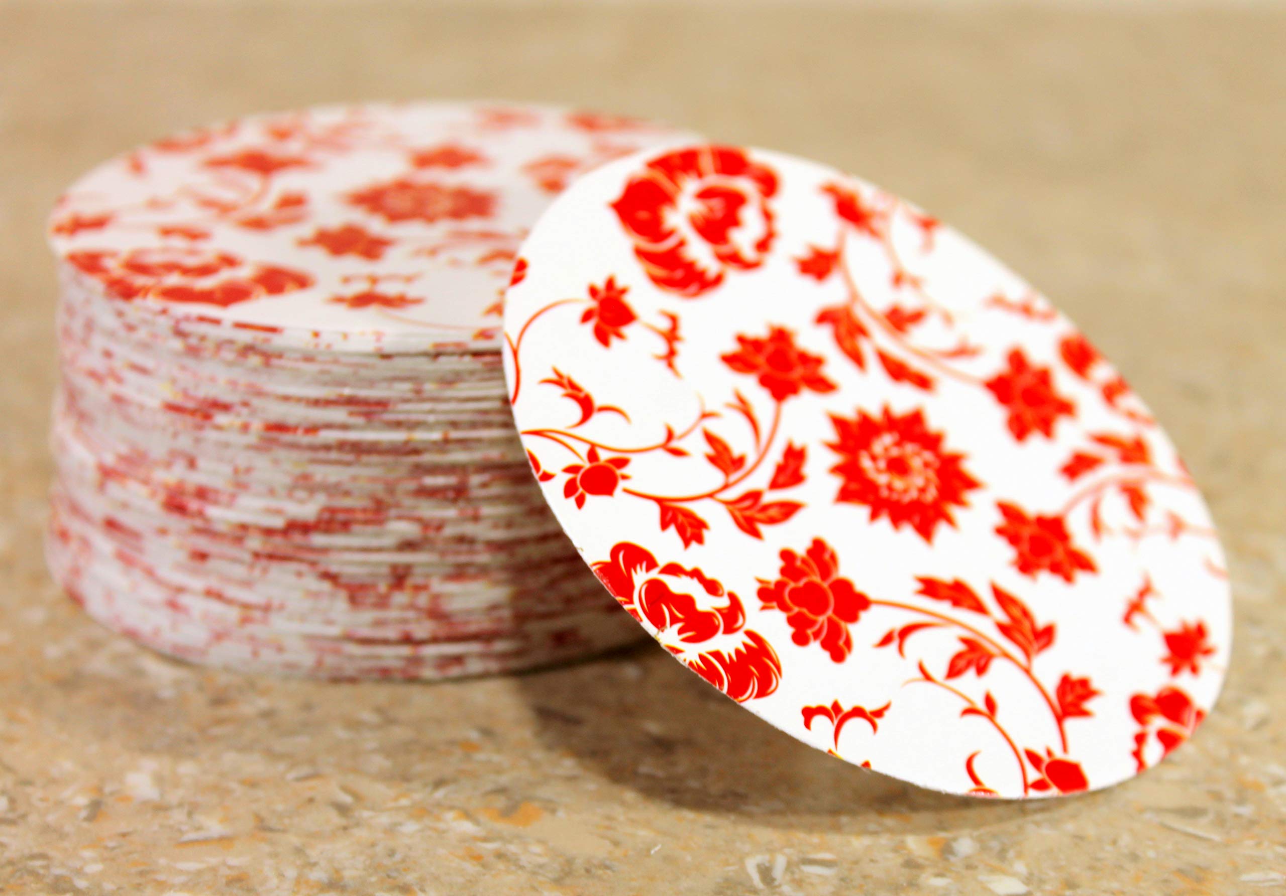 Esplanade Disposable Printed Paper Coasters - Use And Throw Reversible Round Paper Coasters - Set Of 100 - Red Floral
