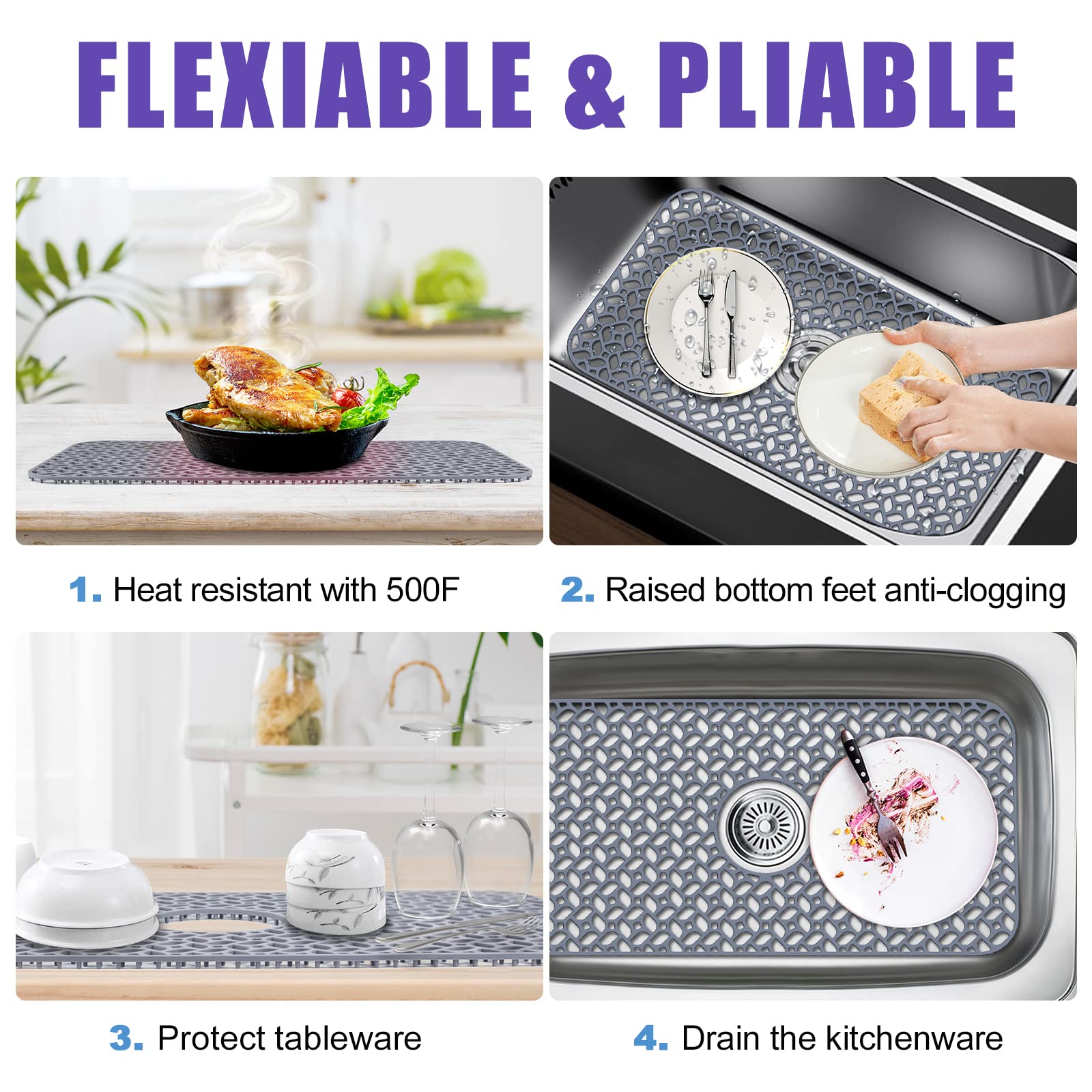 JUSTOGO Silicone Sink Mat  Kitchen Sink Protectors for Kitchen Sink Grid Accessory with Center Drain 24.8''x 13'' 1 PCS Non-slip Folding Sink Mats for Bottom of Farmhouse Stainless Steel Porcelain Sink