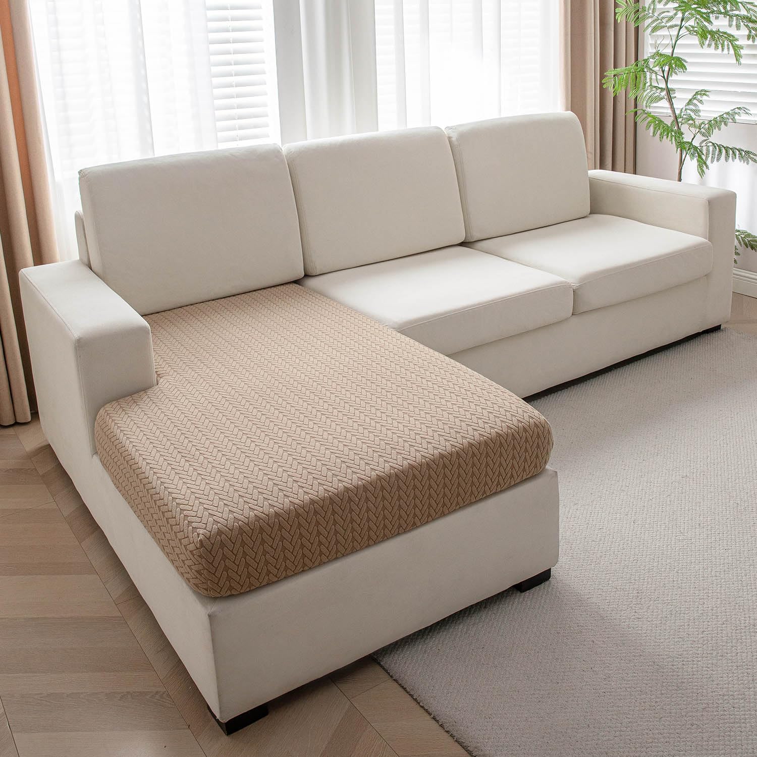 Hokipo Super Stretch Jacquard Chaise Cover Sectional Couch Covers For L Shaped Sofa, 1 Piece Chaise Cover, Brown (Ar-5347-Br)