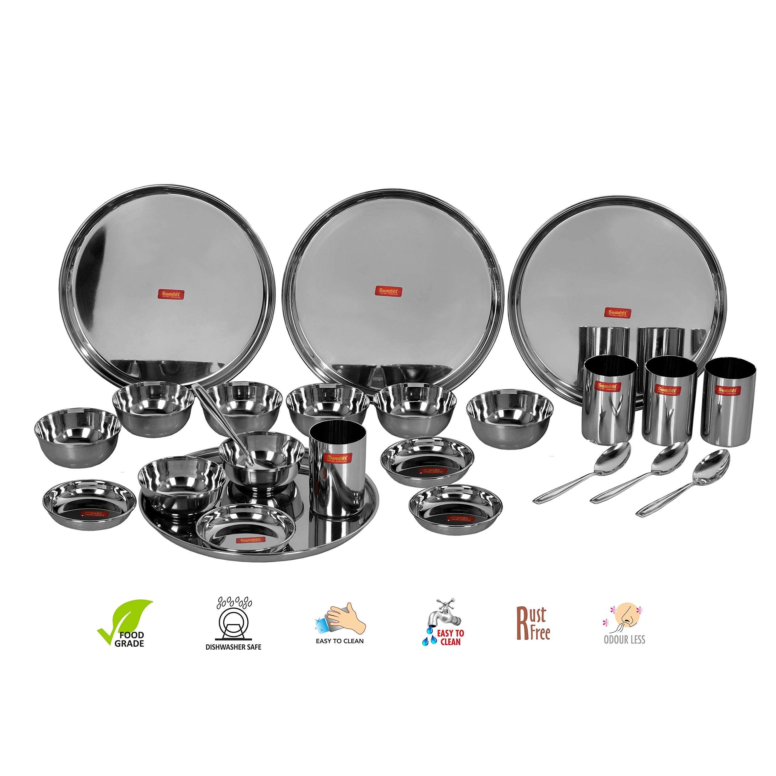 Sumeet Stainless Steel Heavy Gauge Mirror Finish Dinner Set Of 24 Pcs (4 Plate, 4 Small/Halwa Plate, 8 Bowl/Wati, 4 Glass, 4 Spo