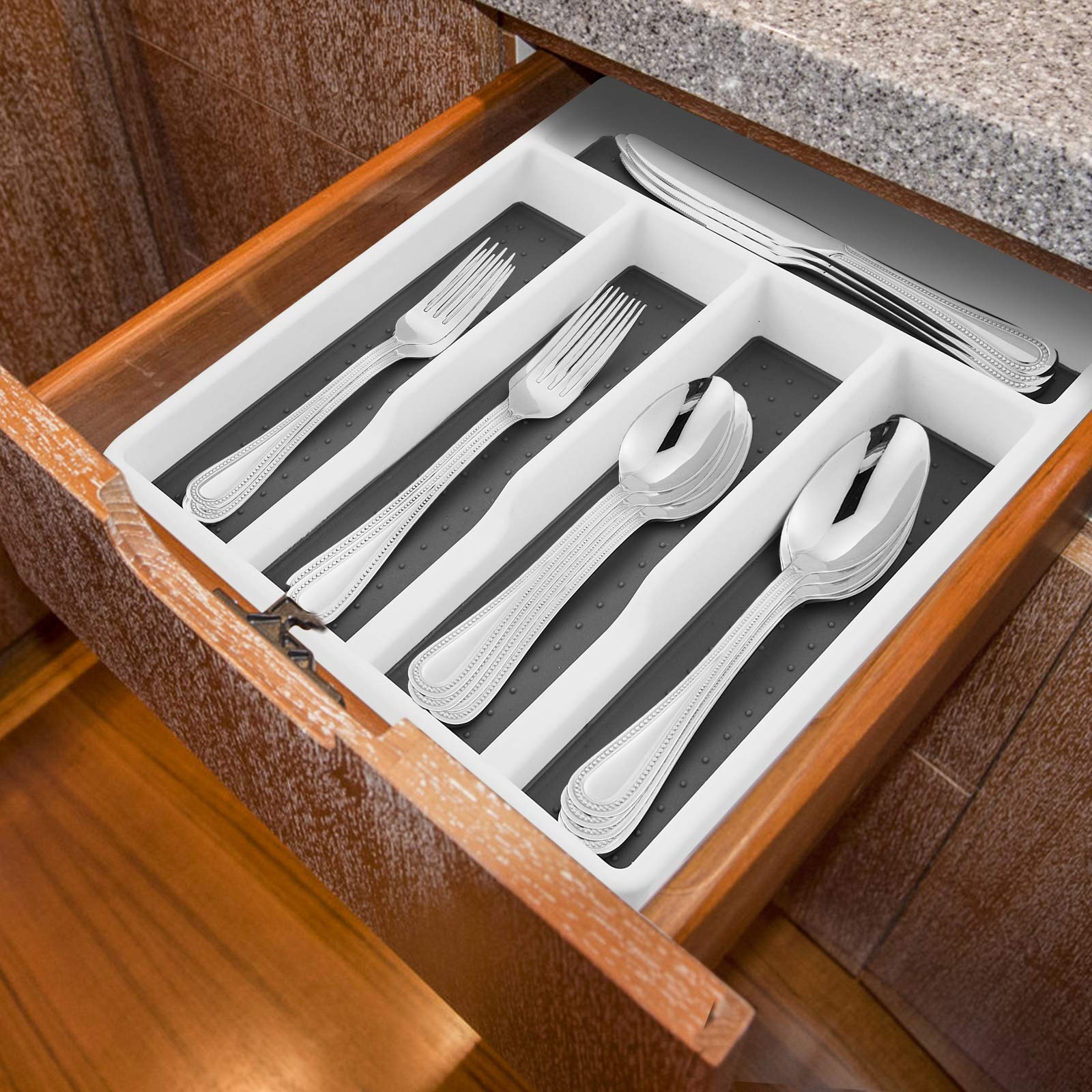 Haware Silverware Tray For Drawer With Five Sections, Flatware Organizer/Cutlery Holder With Soft Grip Lining And Non-Slip Rubbe