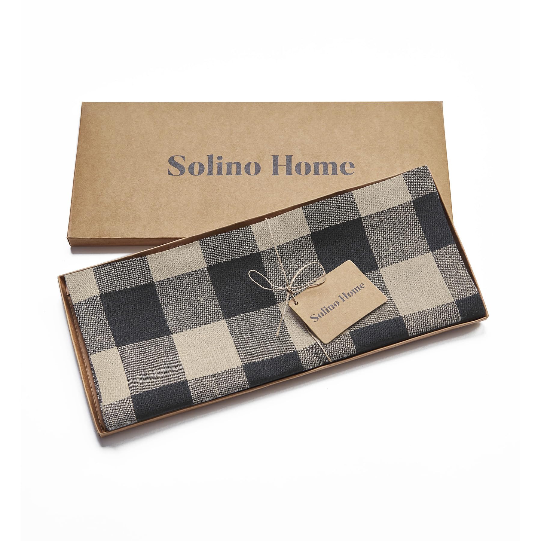 Solino Home Buffalo Check Linen Table Runner 144 Inches Long - 100% Pure Linen Natural And Black Plaid Table Runner 14 X 144 Inc