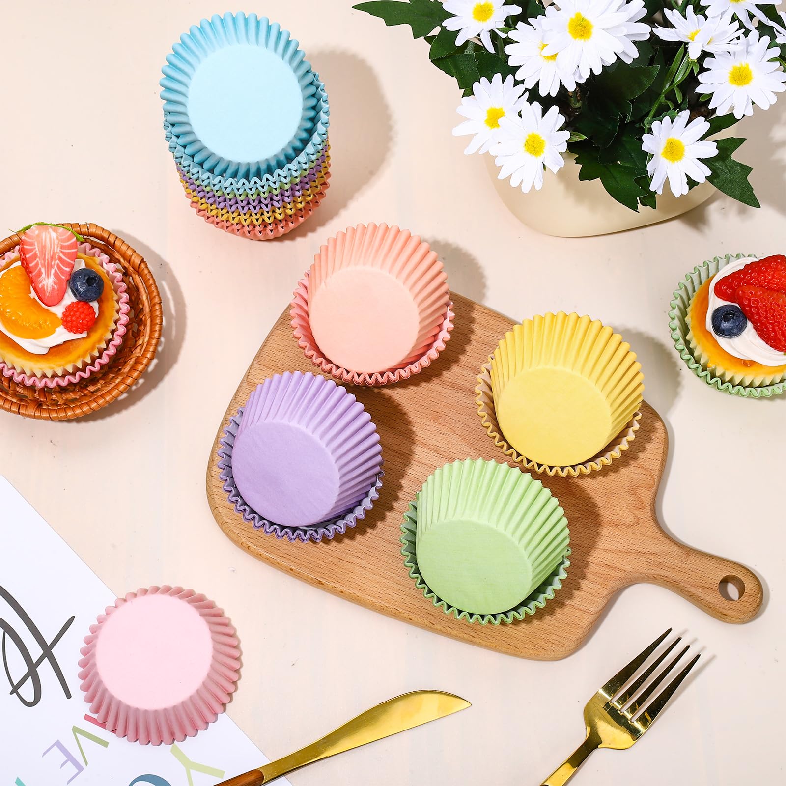 Whaline 600Pcs Colorful Cupcake Liners Pastel Color Cupcake Wrappers Baking Cup Light Pink Blue Purple Yellow Orange Green Muffi