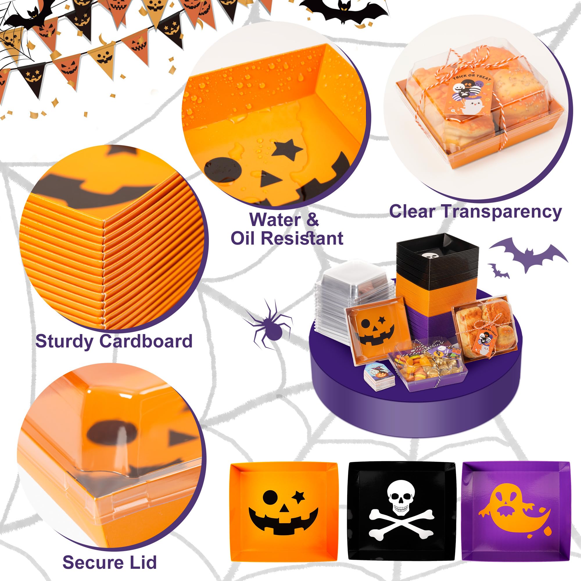HCTWPY Halloween Charcuterie Boxes Bakery Boxes Disposable Paper Food Containers Gift Box with Clear Lids Ropes Cards for Hallow