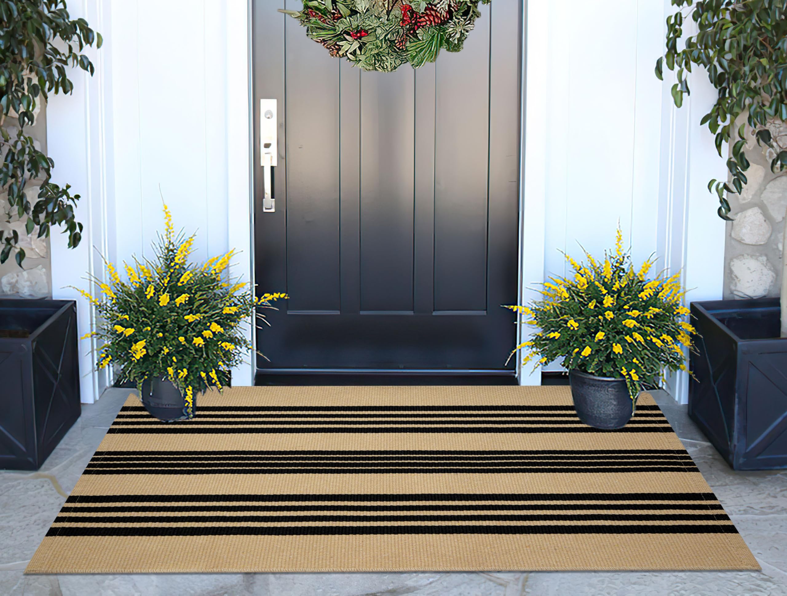 Khaki Black Outdoor Rug 2x4.3,Striped Front Porch Rug Machine Washable Front Door Mat Entryway Throw Rug for Front Porch Indoo