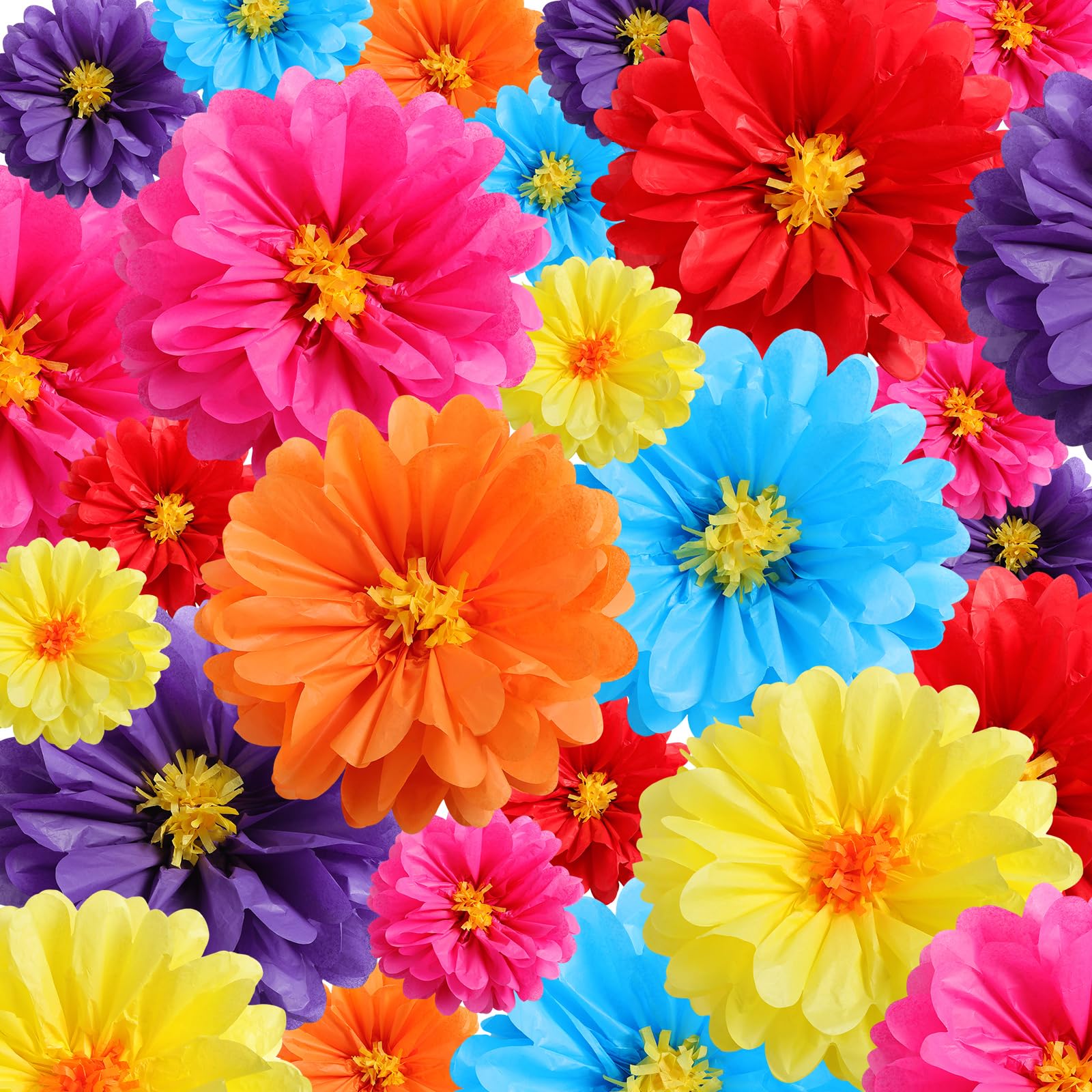 Watersay 36 Pcs 10 20 Giant Mexican Fiesta Paper Flowers Colorful Tissue Crepe Flowers Pom Poms Craft for Floral Party Backdrop 