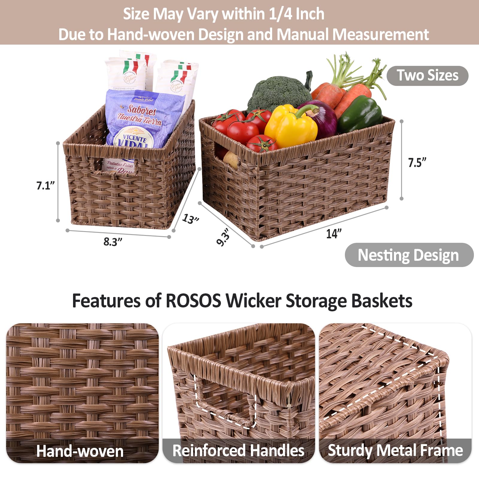 Rosos Wicker Baskets 2 Pack, Rectangular Wicker Storage Basket With Handles, Waterproof Plastic Large Wicker Baskets For Storage