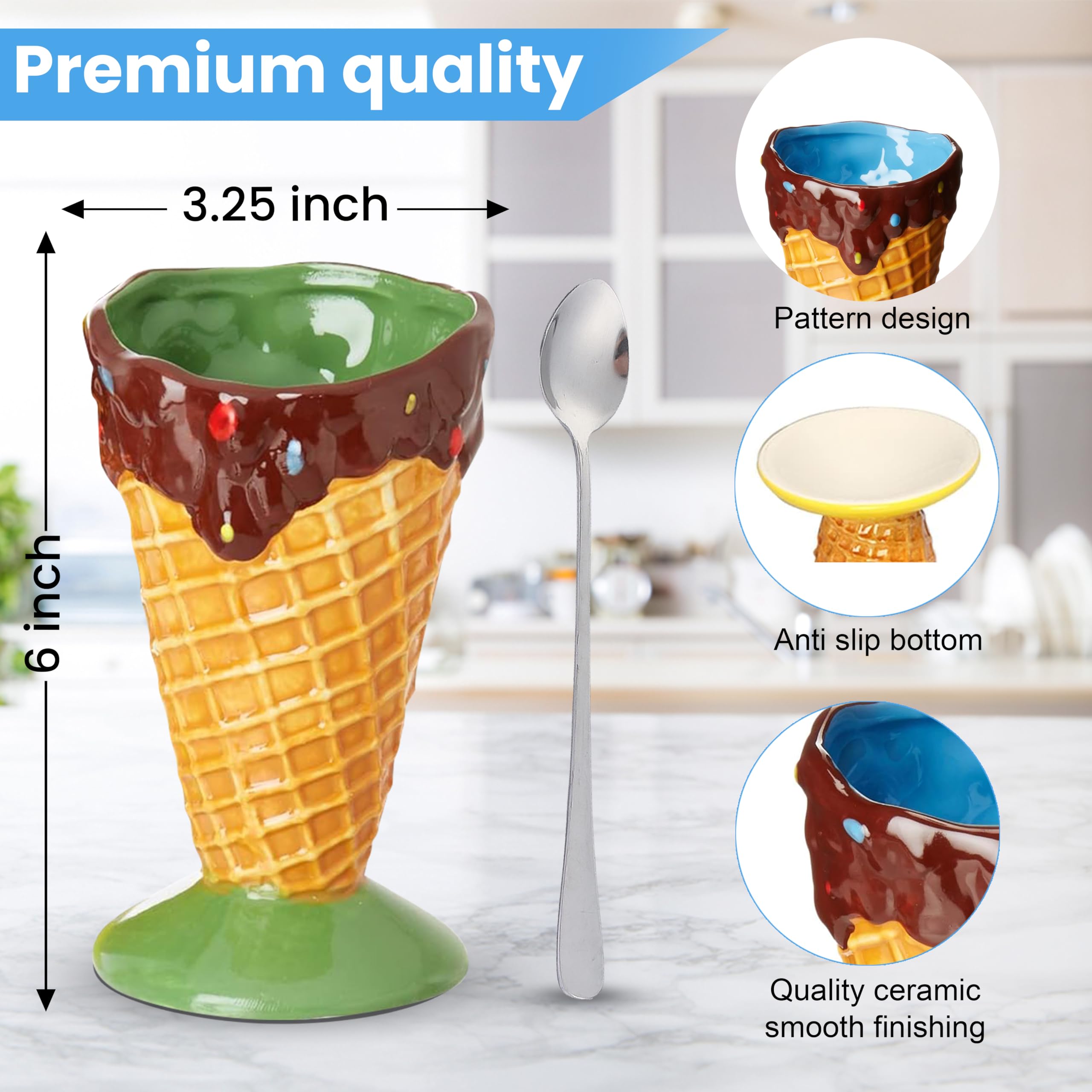 Kovot Ceramic Dessert & Ice Cream Cone Set - Includes 4 Ceramic Cones And 4 Metal Spoons