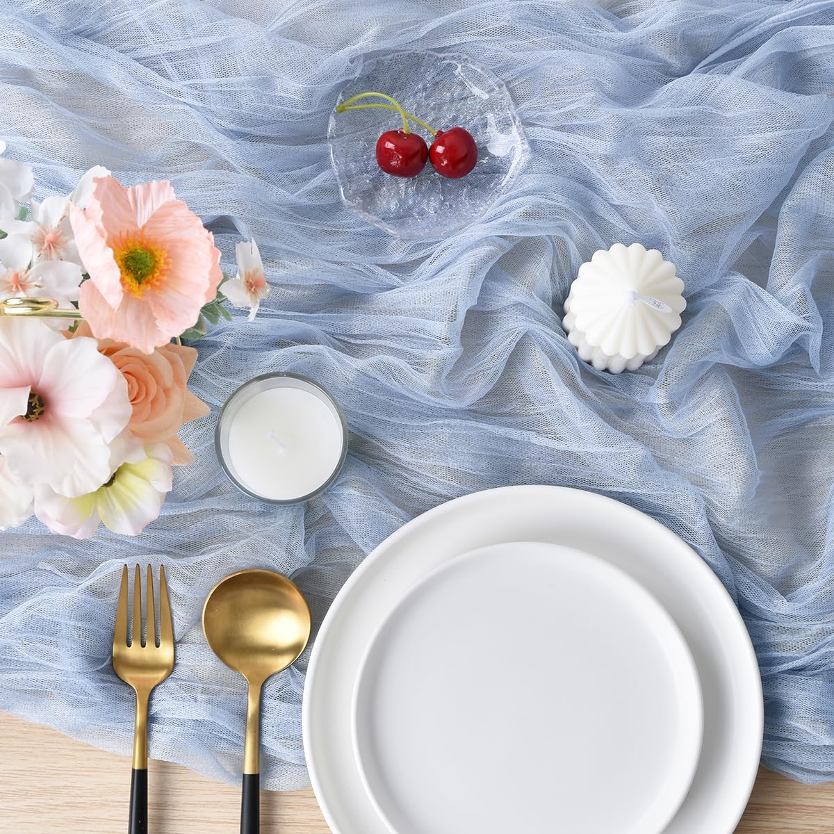 Joanlody Blue Cheesecloth Table Runner 10Ft Rustic Gauze Cheese Cloth Table Runner Boho Fall Thanksgiving Table Runner For Weddi