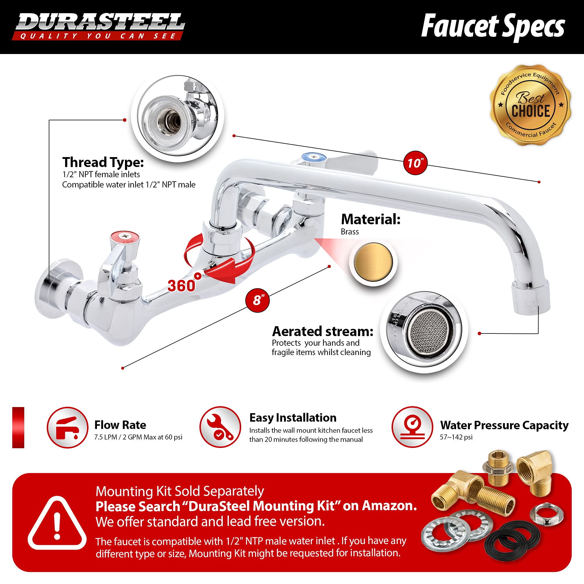 Kitchen Sink Faucet Wall Mount - Durasteel 8'' Center Commercial Kitchen Sink Faucet With 10'' Swivel Spout - Dual Lever Handles
