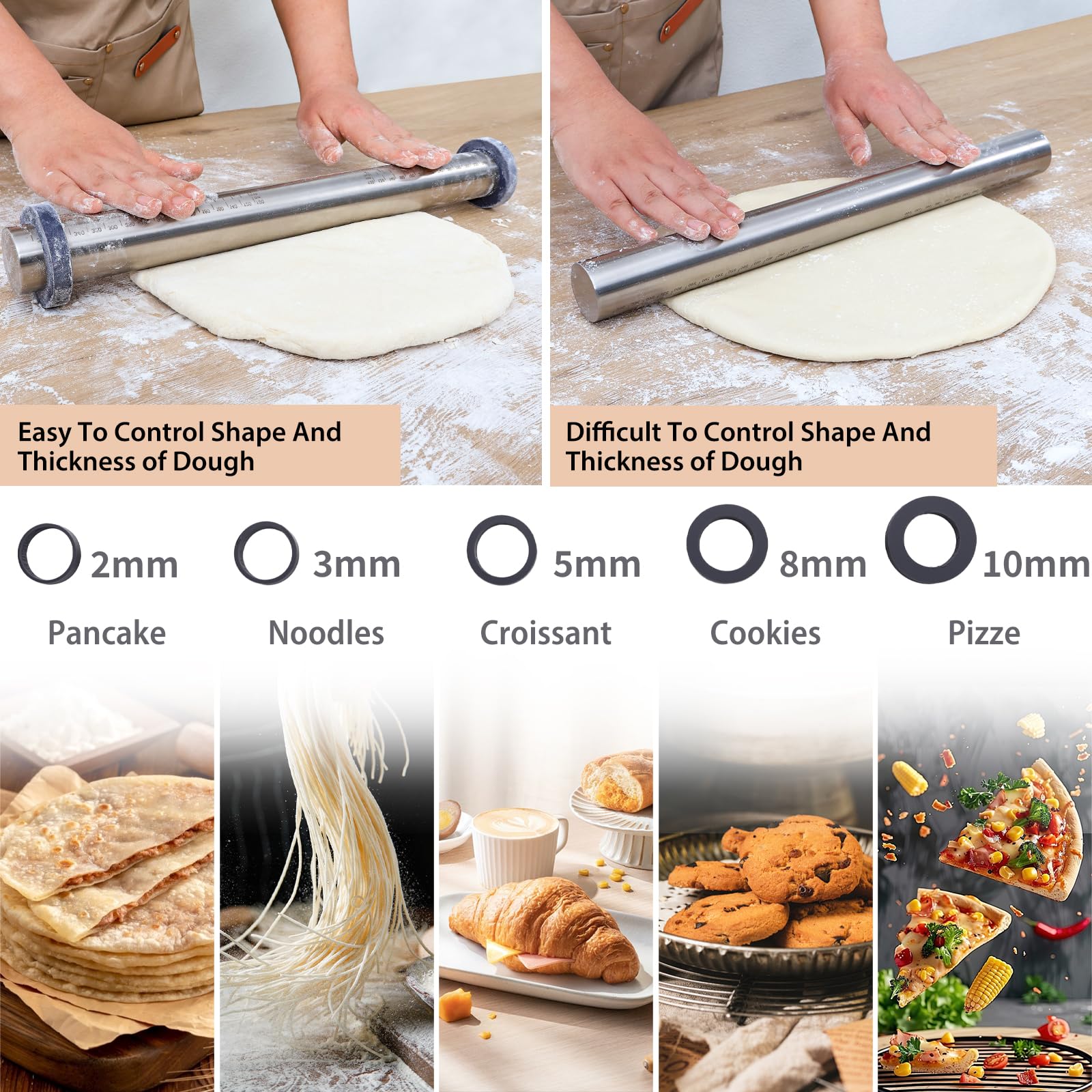 Adjustable Rolling Pin with Thickness Rings for Baking -Non Stick Stainless Steel Dough Roller Pin with Bands for Cookie Wood Wooden and Bread (Grey  17.5'')