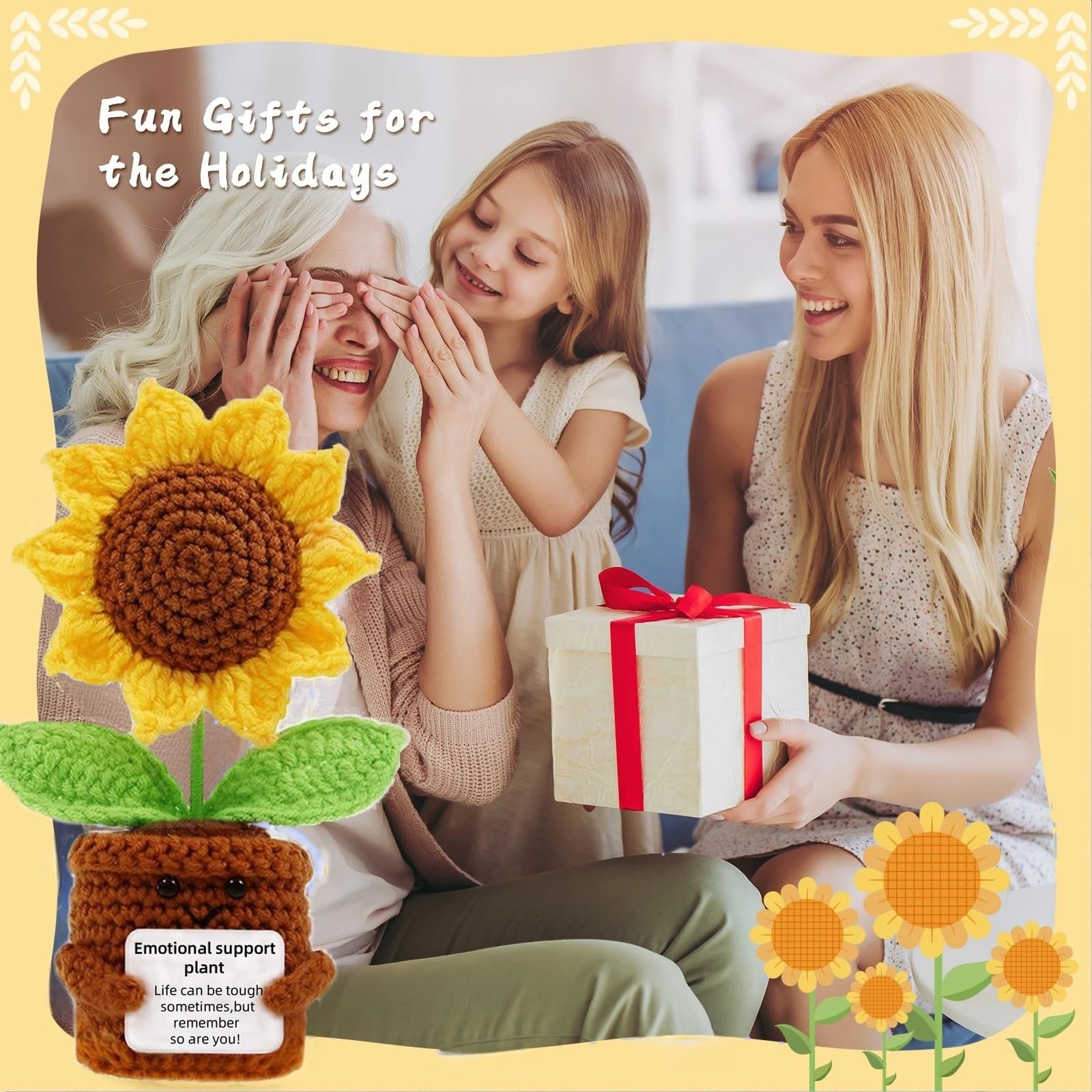 YiQiYi Positive Crochet Sunflower with Card Artical Flowers Emotional Support Plush Plant Crochet Sunflowers Home Office Desk Ca