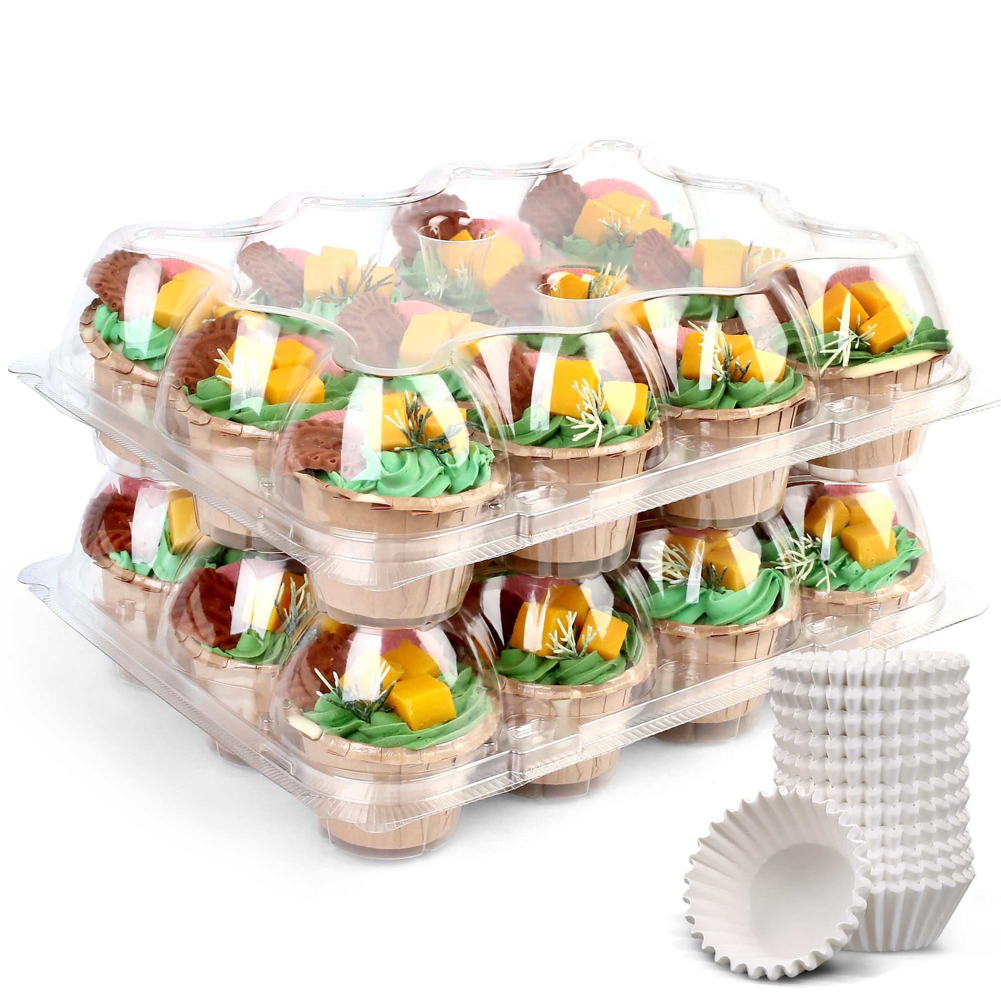 LotFancy Cupcake Containers 12 Count, 12 Sets, Plastic Dozen Cupcake Boxes, Disposable Cupcake Carrier Holder with Detachable Ta