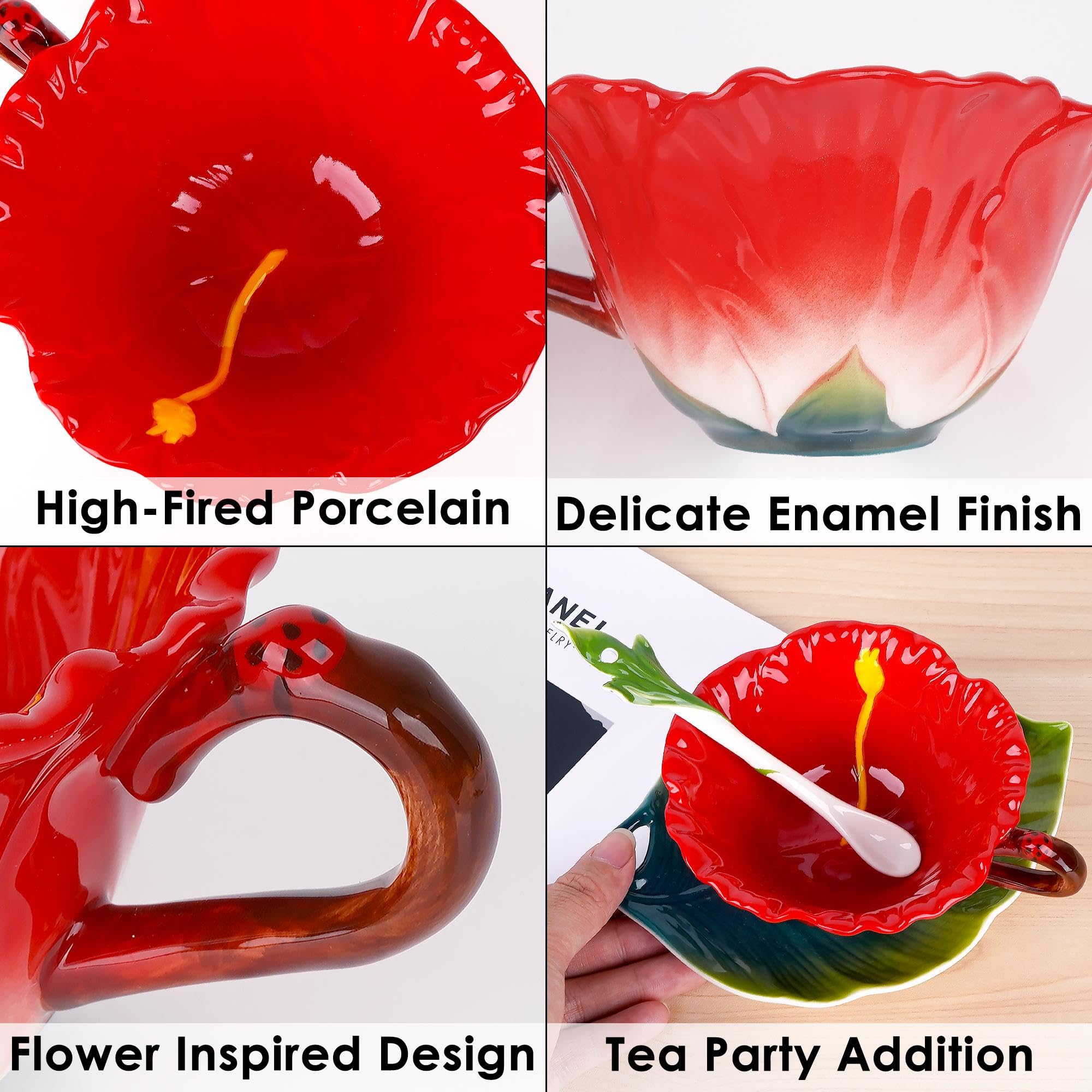 Philo Fun Hibiscus Flower Tea Cup And Saucer Set 6 Oz, Enamel Flower Porcelain Coffee Cup Saucer Set With Spoon For Women, Hand