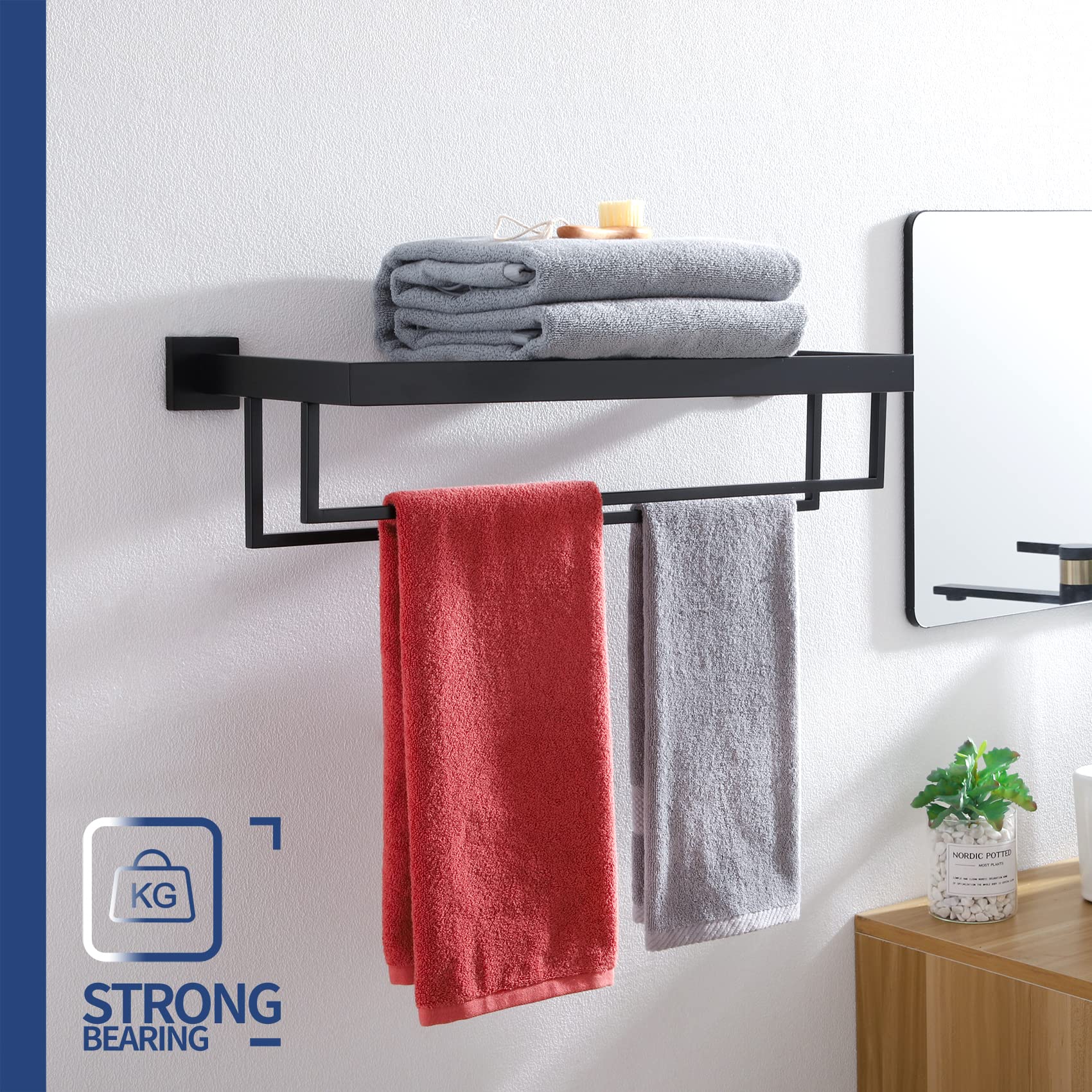 KOKOSIRI Matte Black Towel Rack 24'' Bathroom Towel Shelf with Double Towel Bars SUS304 Stainless Steel Wall Mounted  B6003BK