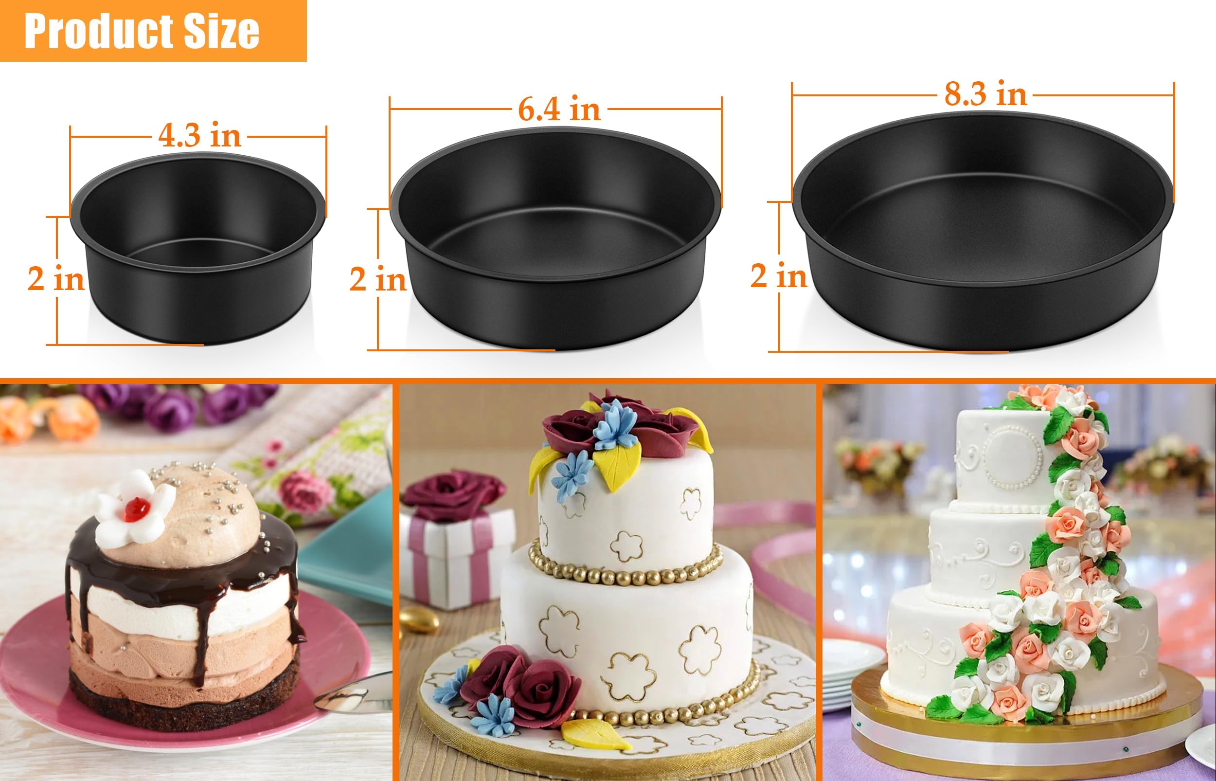 Teamfar Cake Pan, 4'' / 6''/ 8'' Round Baking Tier Pan Set, With Non-Stick Coating Stainless Steel Core, For Steaming Serving, H